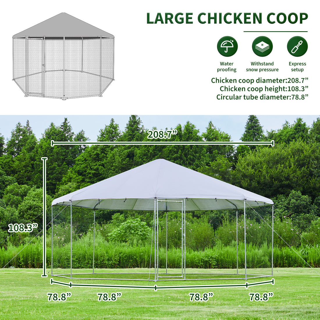 Large Metal Chicken Coop Octagon, Steel Wire Dipped Plastic Mesh, Oxford Cloth Silver Plated Waterproof And Uv Resistant, Ducks, Rabbits, Sheep And Birds Outdoor House. 17.4*9 Ft Silver Metal