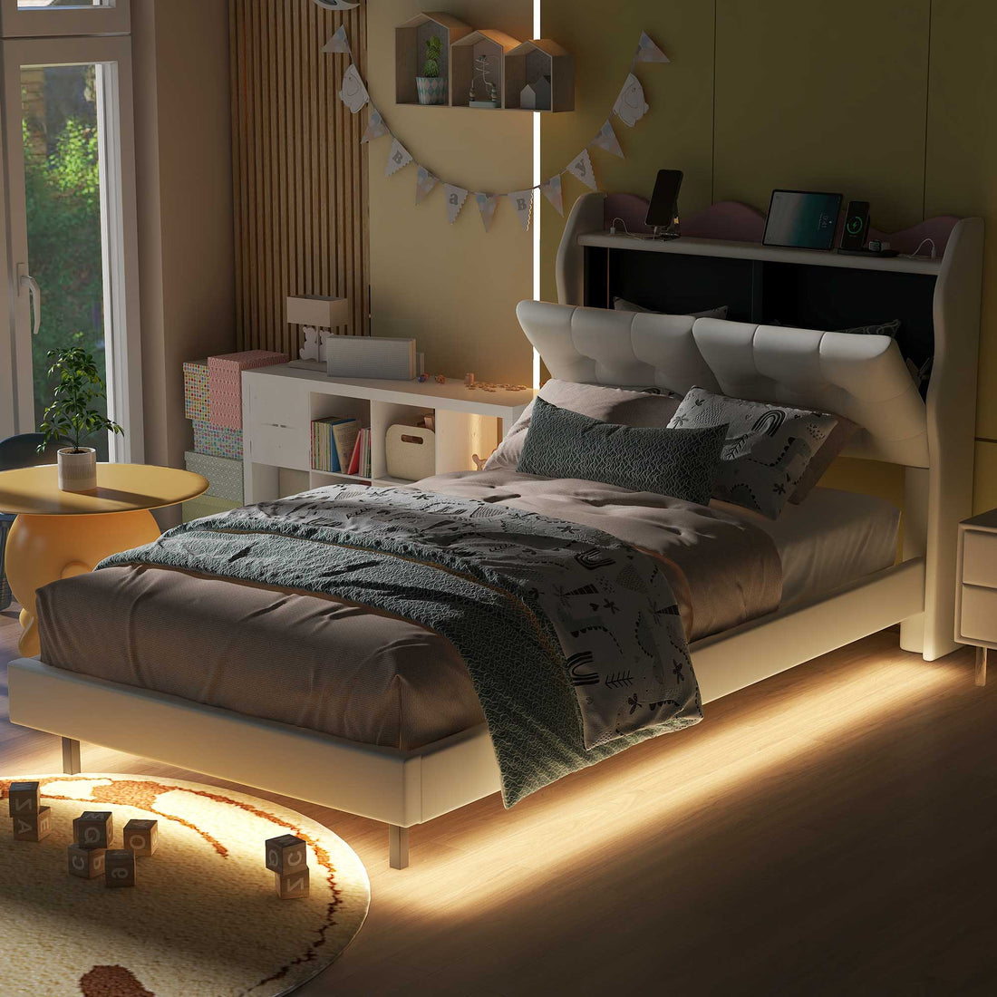 Twin Size Upholstery Platform Bed Frame With Led Light Strips,Headboard Storage Space And Two Usb Charging Deisgn,Beige Old Sku:Wf315762Aaa Box Spring Not Required Twin Beige Upholstered