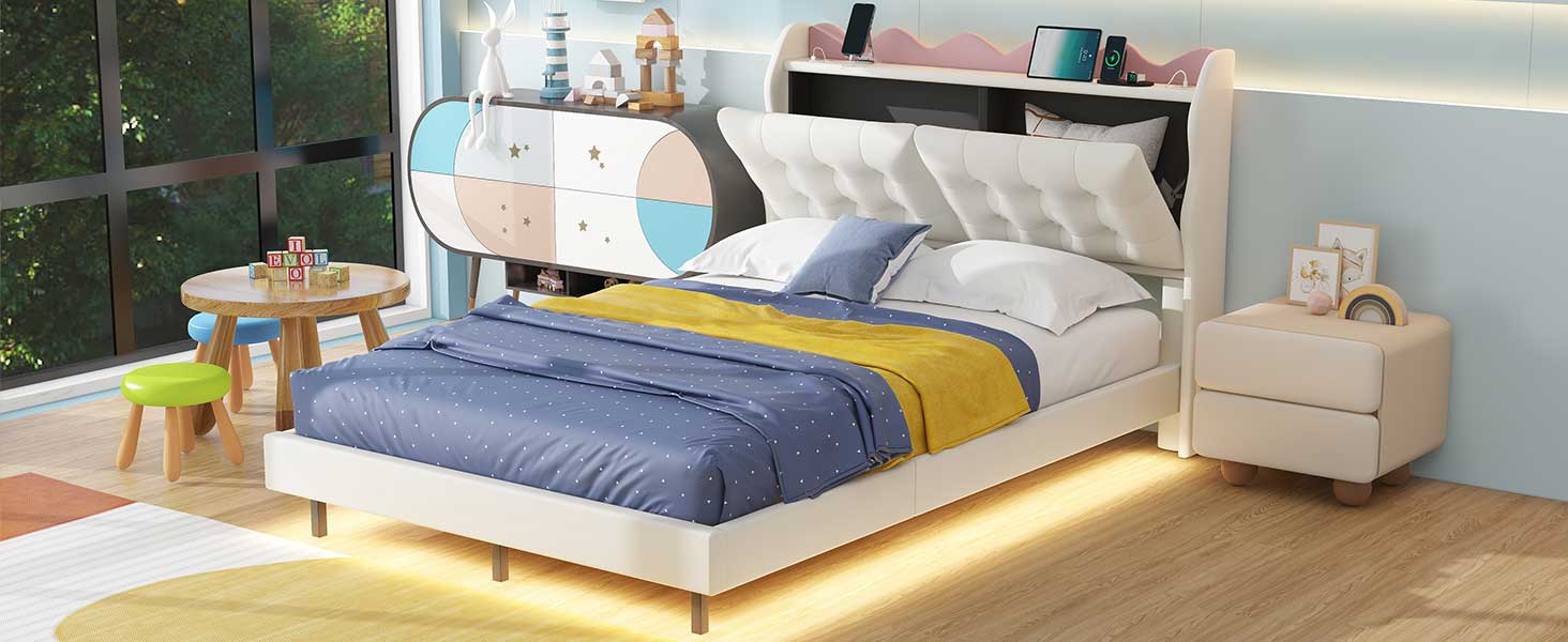Full Size Upholstery Platform Bed Frame With Led Light Strips,Headboard Storage Space And Two Usb Charging Deisgn,Beige Beige Upholstered