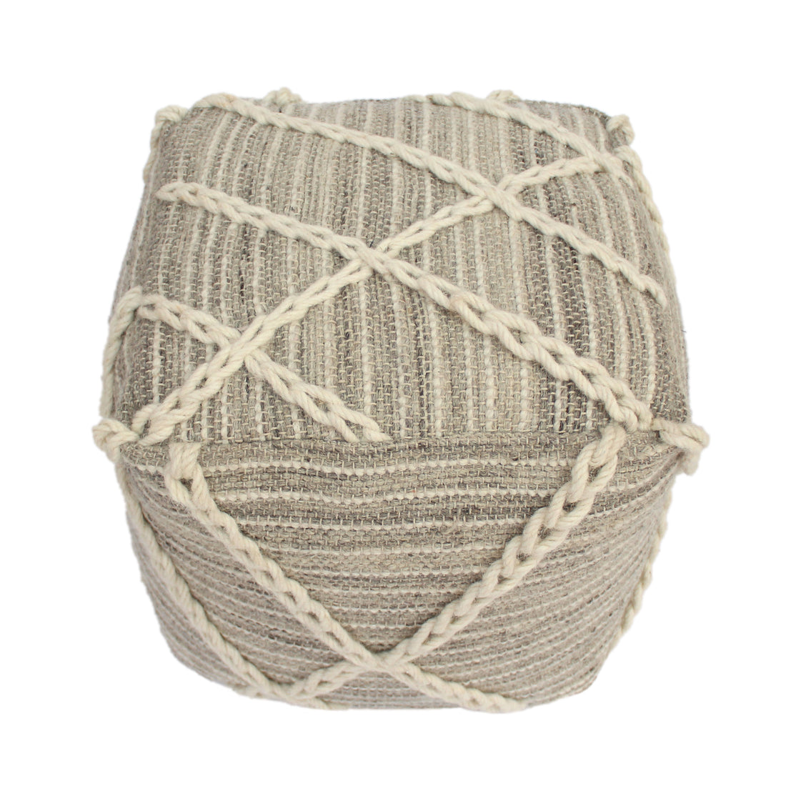 Rope Square Pouf, Gray And Ivory Gray Wool