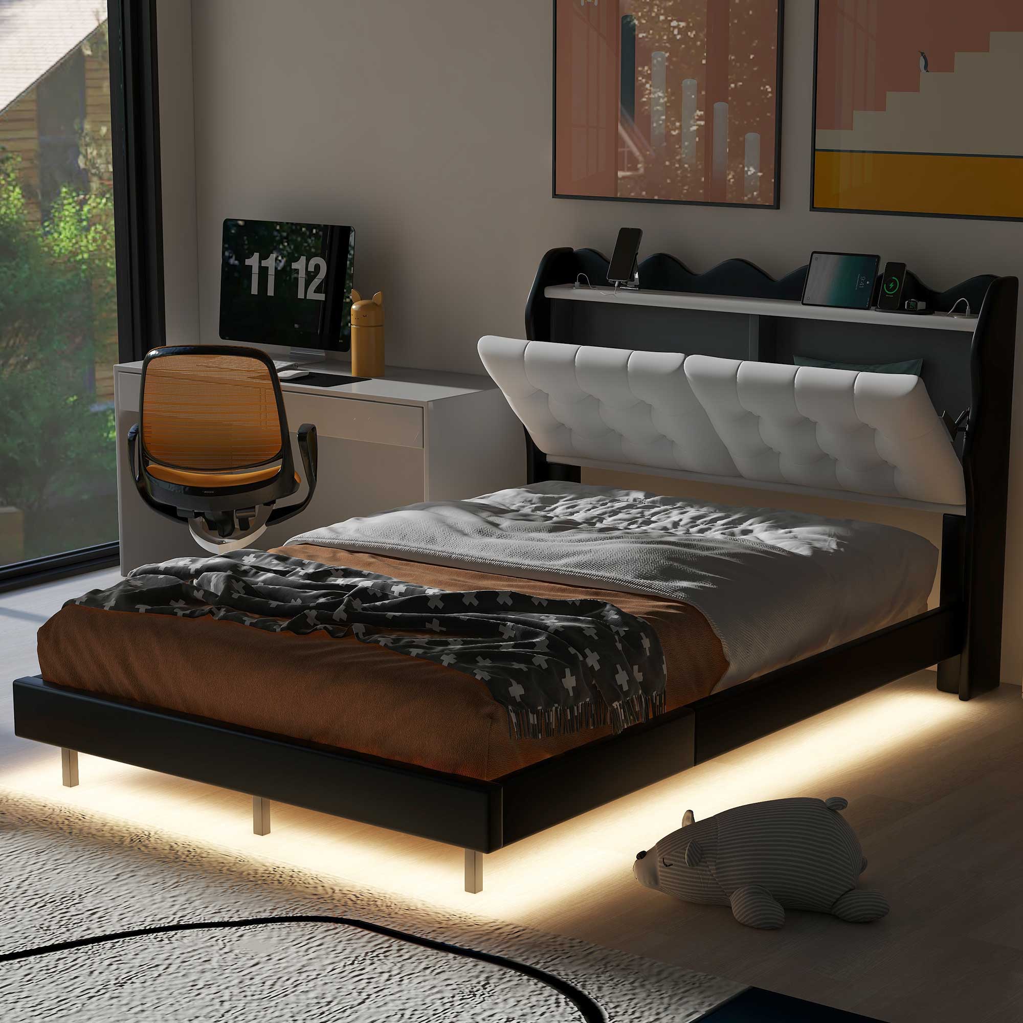 Full Size Upholstery Platform Bed Frame With Led Light Strips And Built In Storage Space,Black Black Upholstered