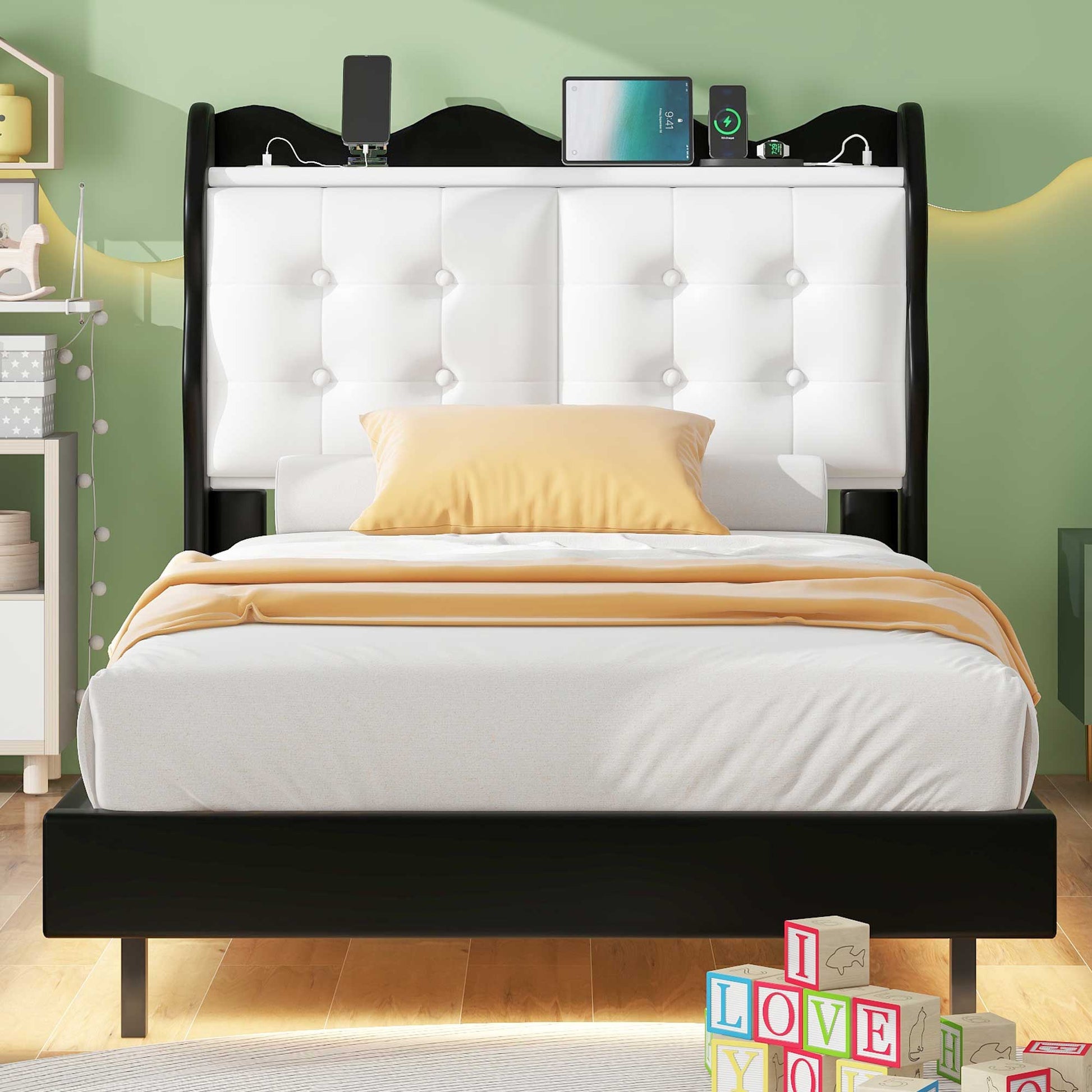 Twin Size Upholstery Platform Bed Frame With Led Light Strips,Headboard Storage Space And Two Usb Charging Deisgn,Black Black Upholstered