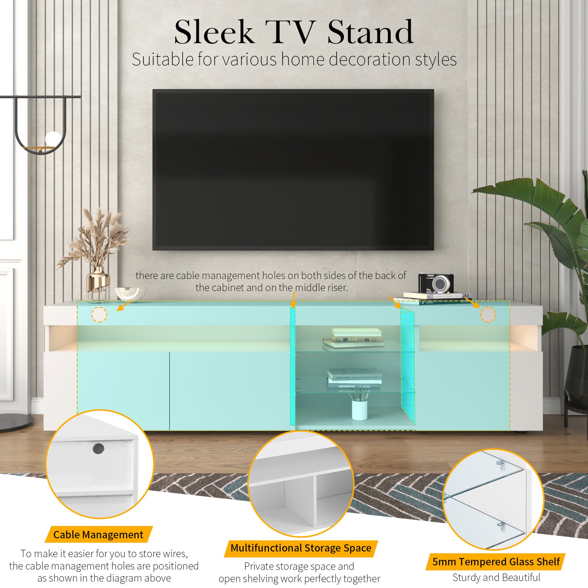 Modern Design Tv Stands For Tvs Up To 80'', Led Light Entertainment Center, Media Console With Multi Functional Storage, Tv Cabinet For Living Room,Bedroom, Home Theatre White Primary Living Space 70 79 Inches 70 79 Inches Particle Board