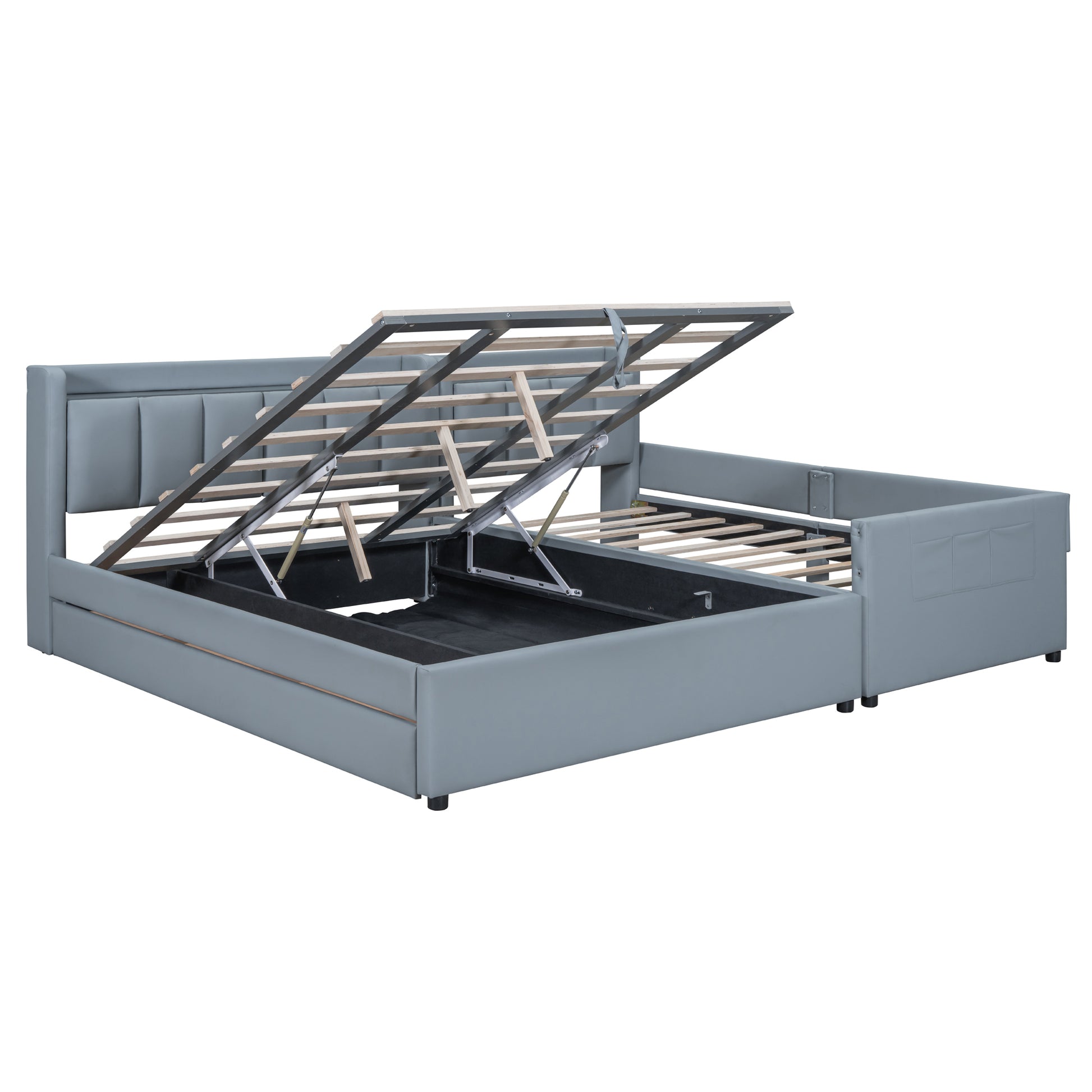 Queen Size & Twin Xl Size Upholstered Platform Bed, Mother & Child Bed With Hydraulic Storage System, Drawer Box, Bedhead Storage Shelf And Two Pairs Of Sockets & Usb Ports, Pu Leather, Gray Gray Pu Leather