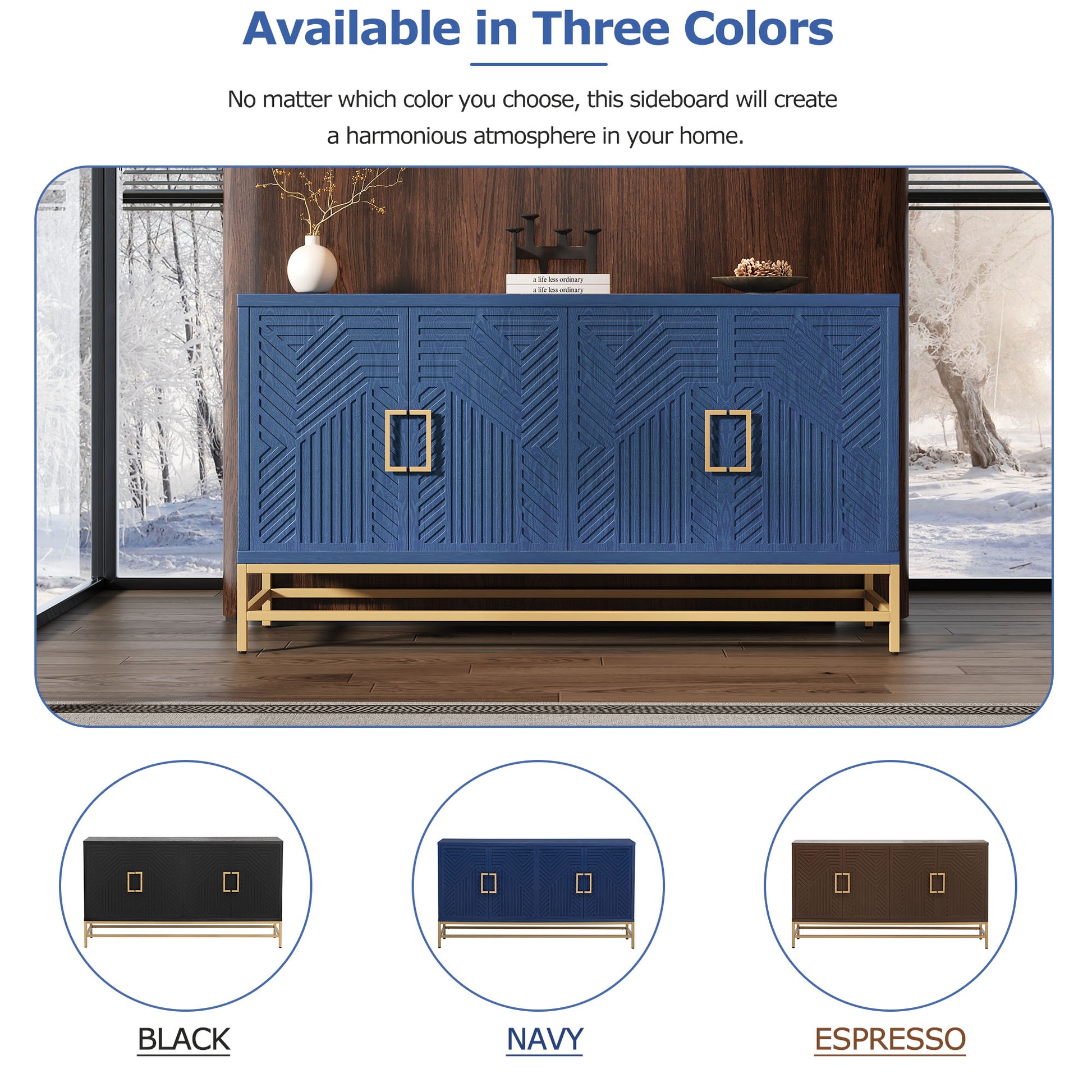 Retro Style Sideboard With Adjustable Shelves, Rectangular Metal Handles And Legs For Kitchen, Living Room, And Dining Room Navy Navy Mdf