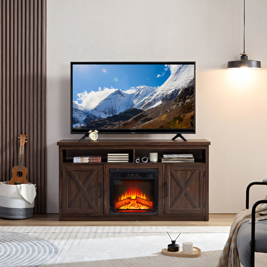 Farmhouse Tv Media Stand, Large Barn Inspired Home Entertainment Console, With 18" Fireplace Insert, For Tv Up To 65'', With Open Shelves And Closed Cabinets, Espresso 57.87*15.75*30.31 Espresso Mdf