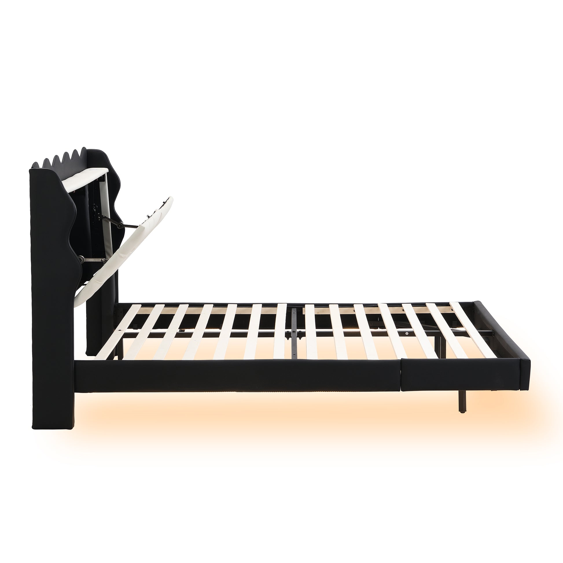 Full Size Upholstery Platform Bed Frame With Led Light Strips And Built In Storage Space,Black Black Upholstered