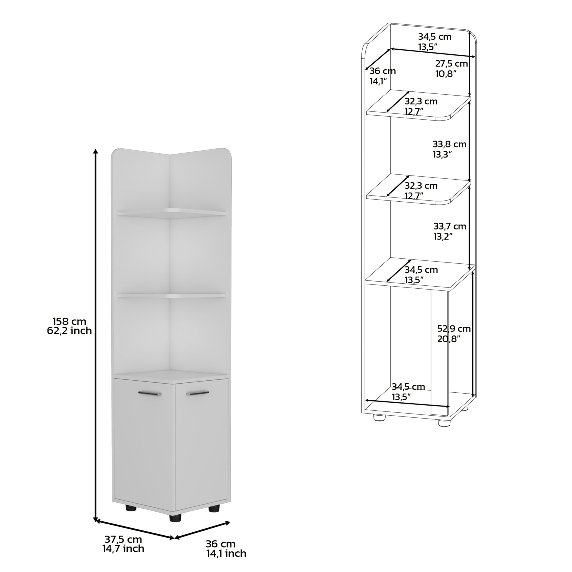 62H" Tall Corner Cabinet With 3 Tier Shelf And 2 Door, White White Particle Board Particle Board