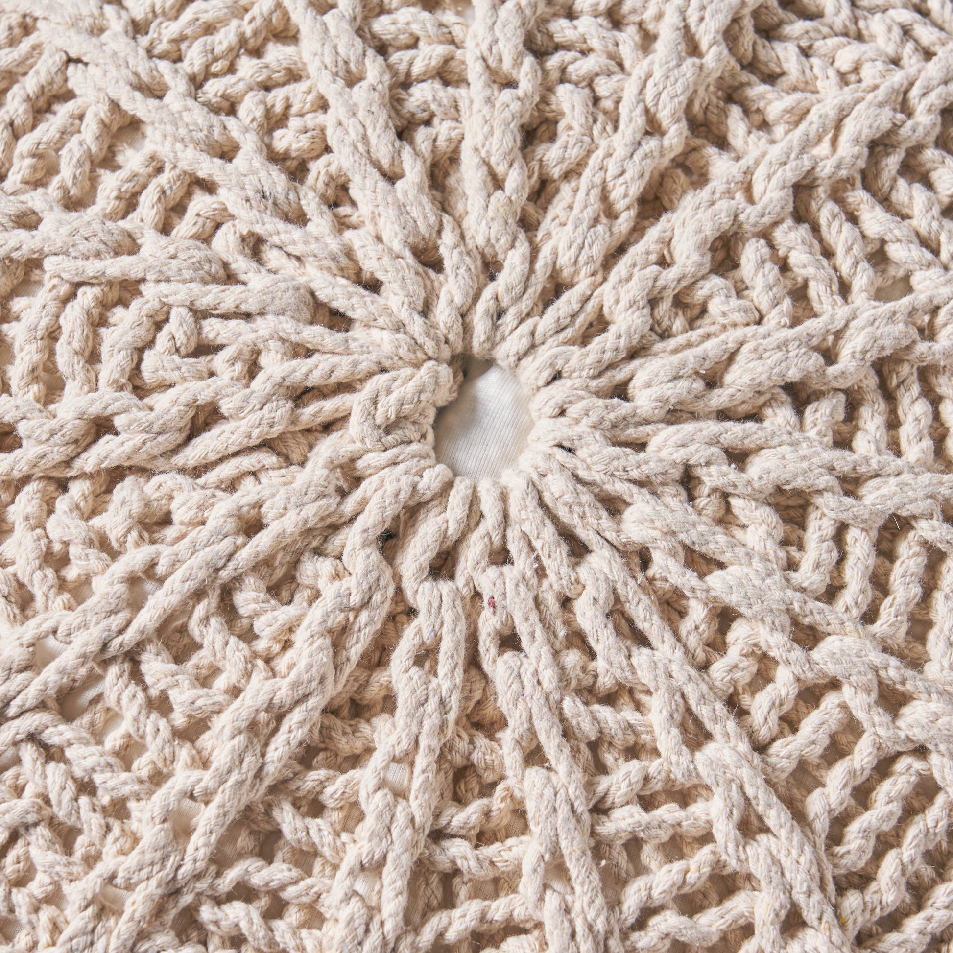 Bordeaux Knitted Cotton Round Pouf, Beige Beige Cotton