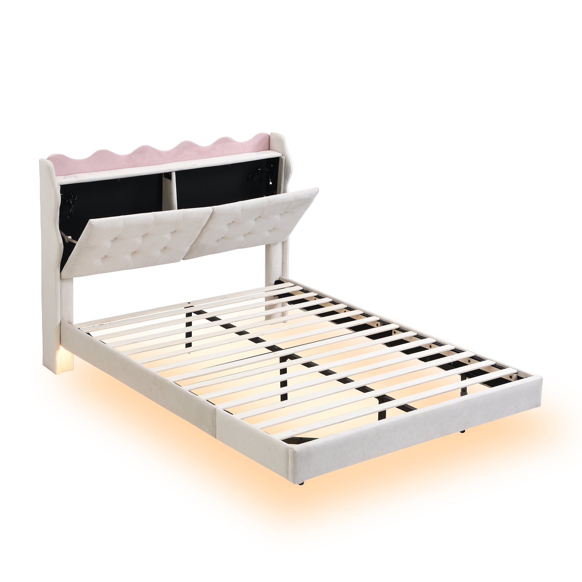Full Size Upholstery Platform Bed Frame With Led Light Strips,Headboard Storage Space And Two Usb Charging Deisgn,Beige Beige Upholstered