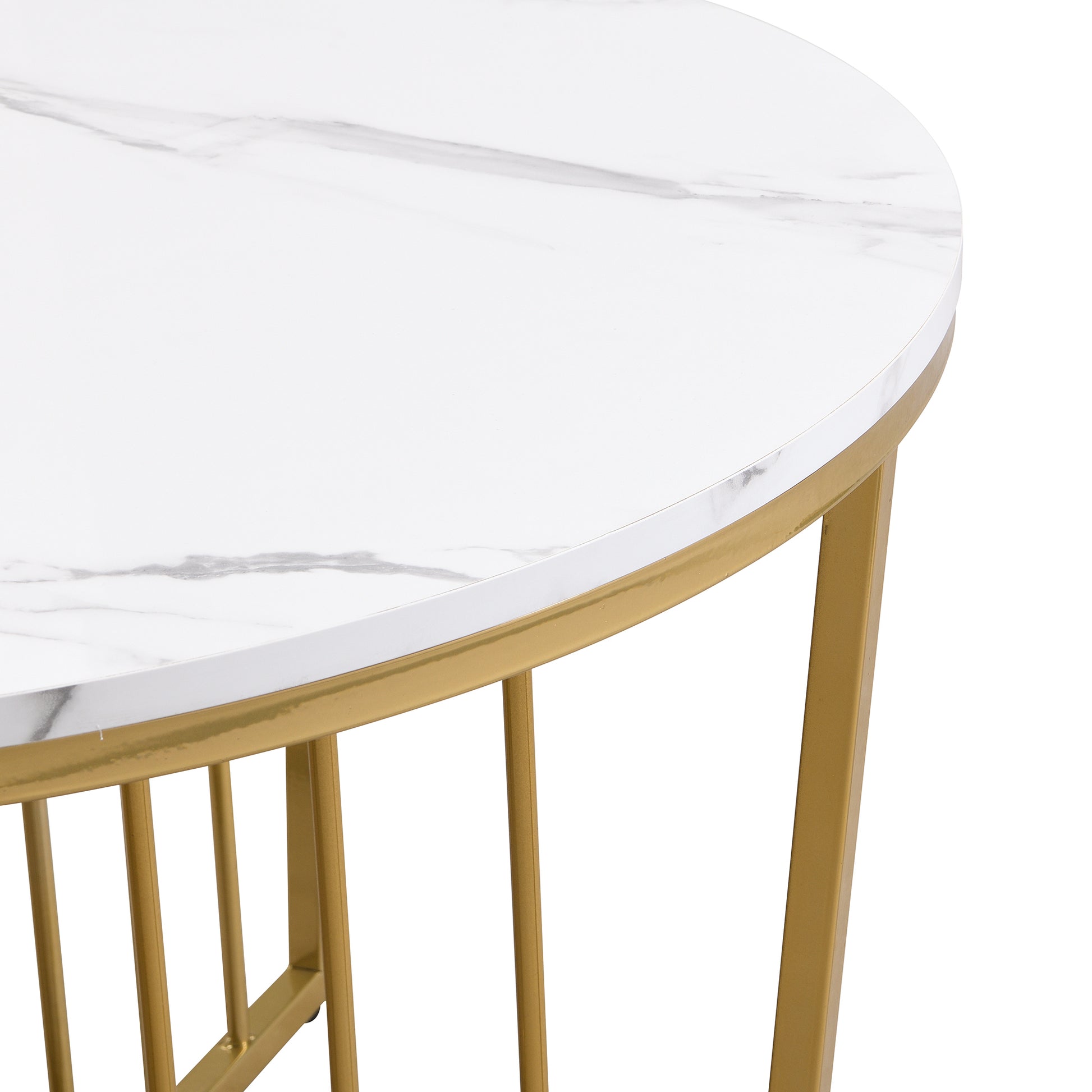 Modern Round Nesting Coffee Table Set 2 Piece White & Marbling Top Gold Base White Mdf