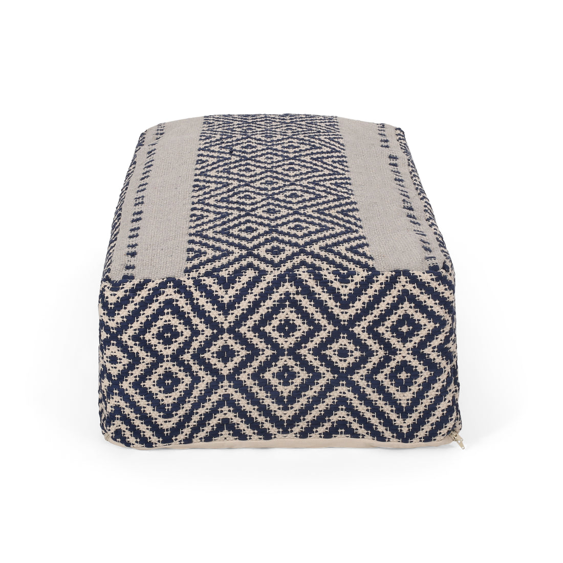 Juniper Rectangular Pouf, Natural, Blue And White White Blue Fabric