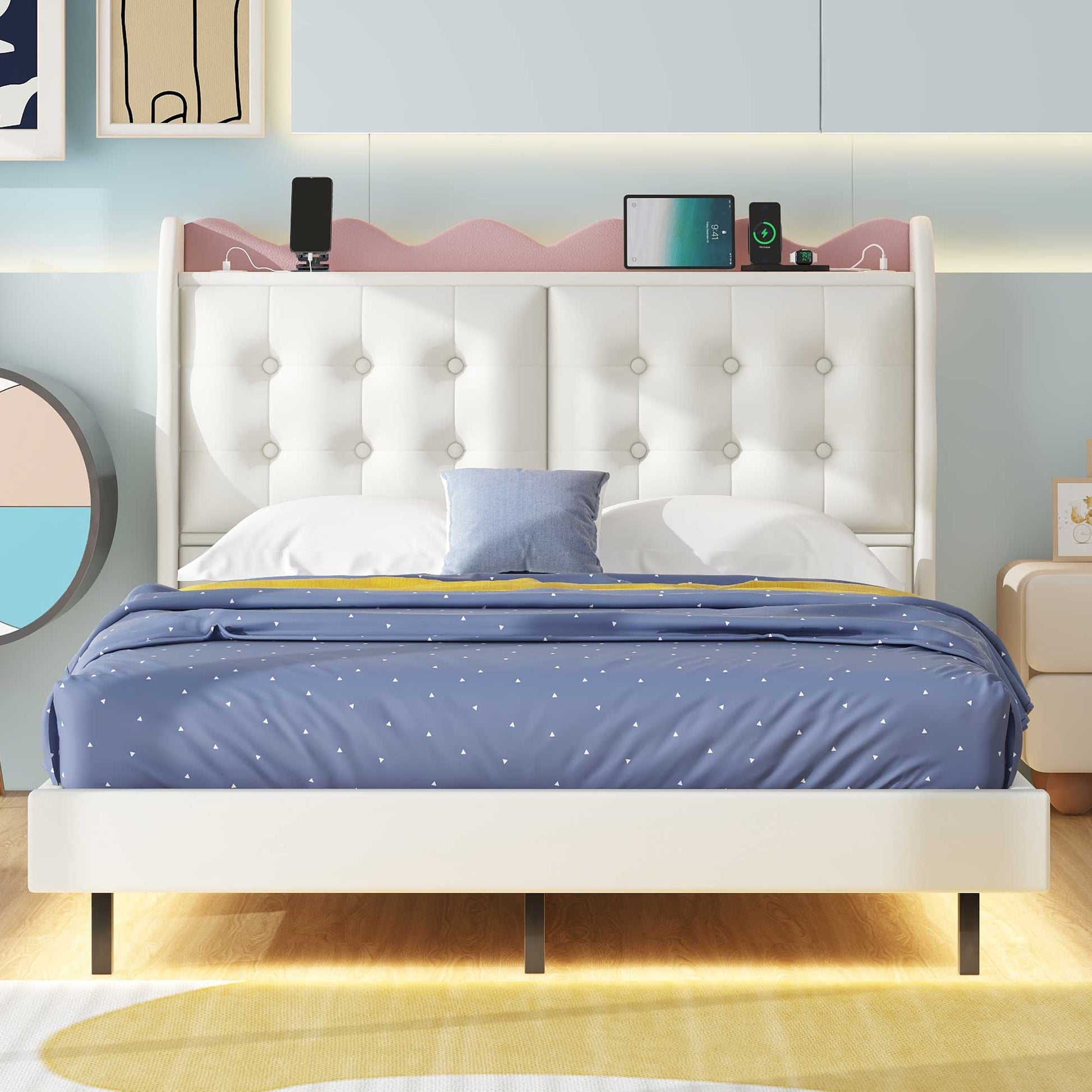 Full Size Upholstery Platform Bed Frame With Led Light Strips,Headboard Storage Space And Two Usb Charging Deisgn,Beige Beige Upholstered