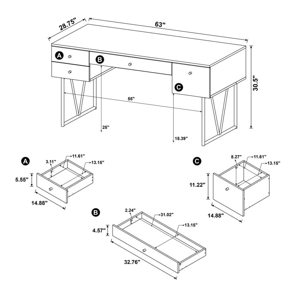 4 Drawer Writing Desk In Antique Nutmeg And Black Brown Writting Desk Rectangular Particle Board Mdf