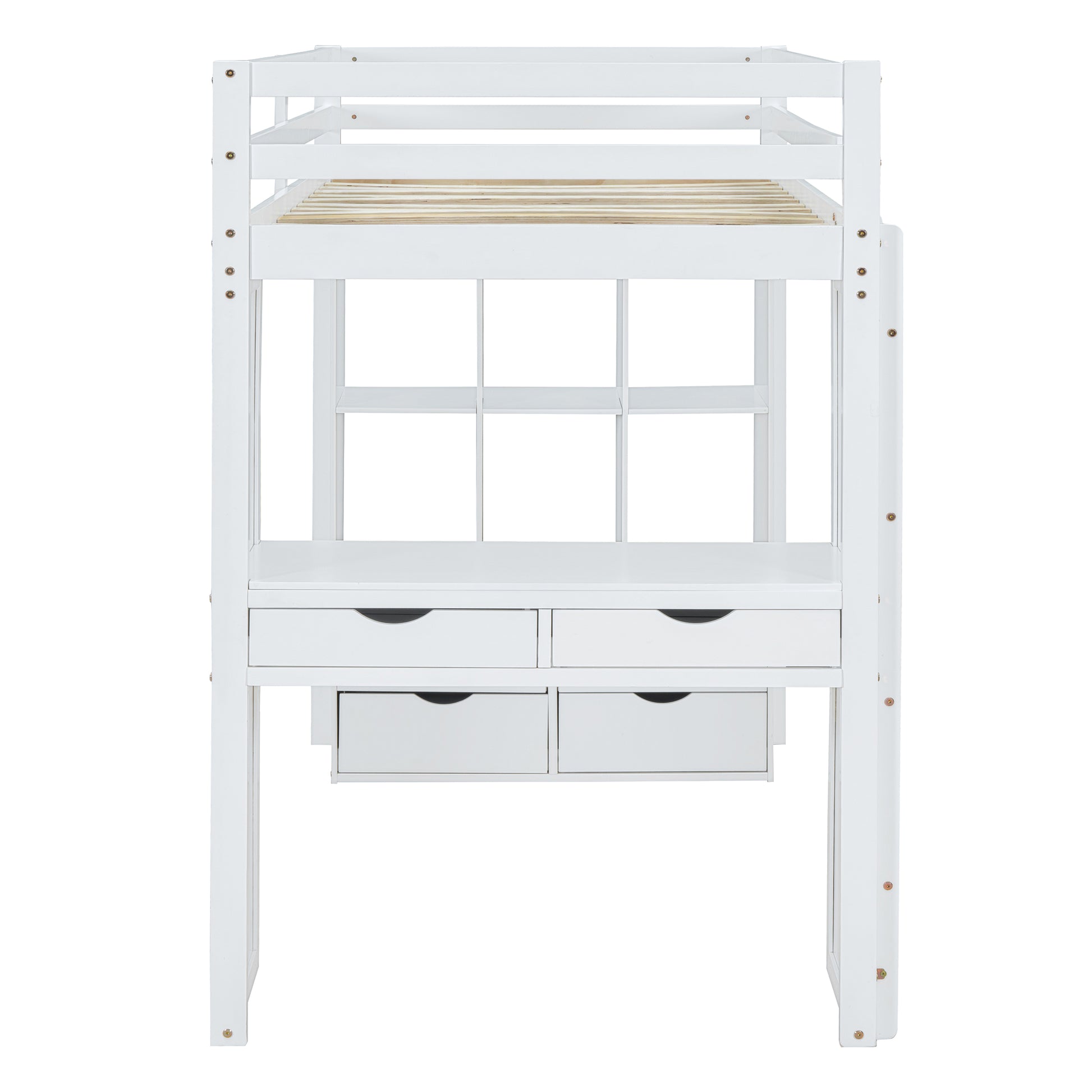 Twin Size Loft Bed With Large Shelves, Writing Desk And Led Light, White White Solid Wood Mdf