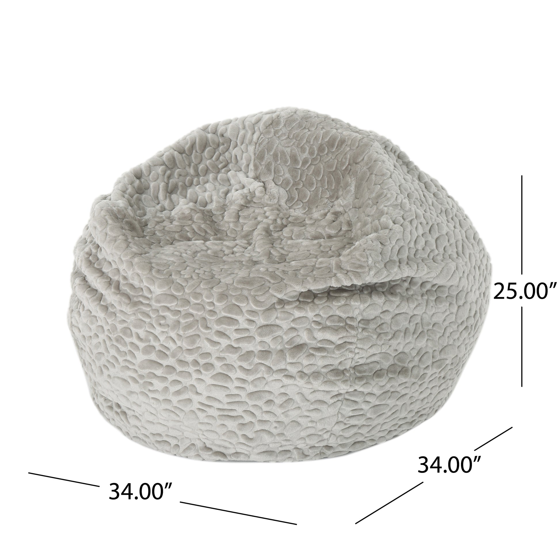 Yasmin 3 Foot Rounded Faux Fur Bean Bag, Grey Pebble Pattern Grey White Faux Fur