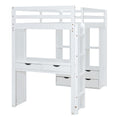 Full Size Loft Bed With Large Shelves, Writing Desk And Led Light, White White Solid Wood Mdf