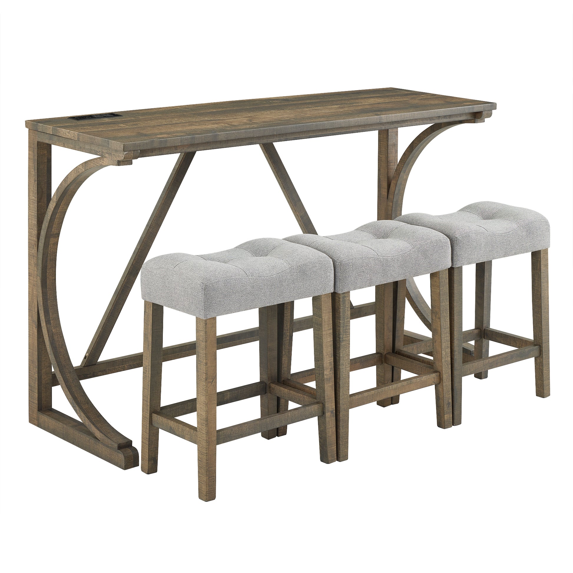 Bar Table Set With Power Outlet, Bar Table And Chairs Set, 4 Piece Dining Table Set, Industrial Breakfast Table Set, For Living Room, Dining Room, Game Room Brown Yellow Solid Wood Mdf