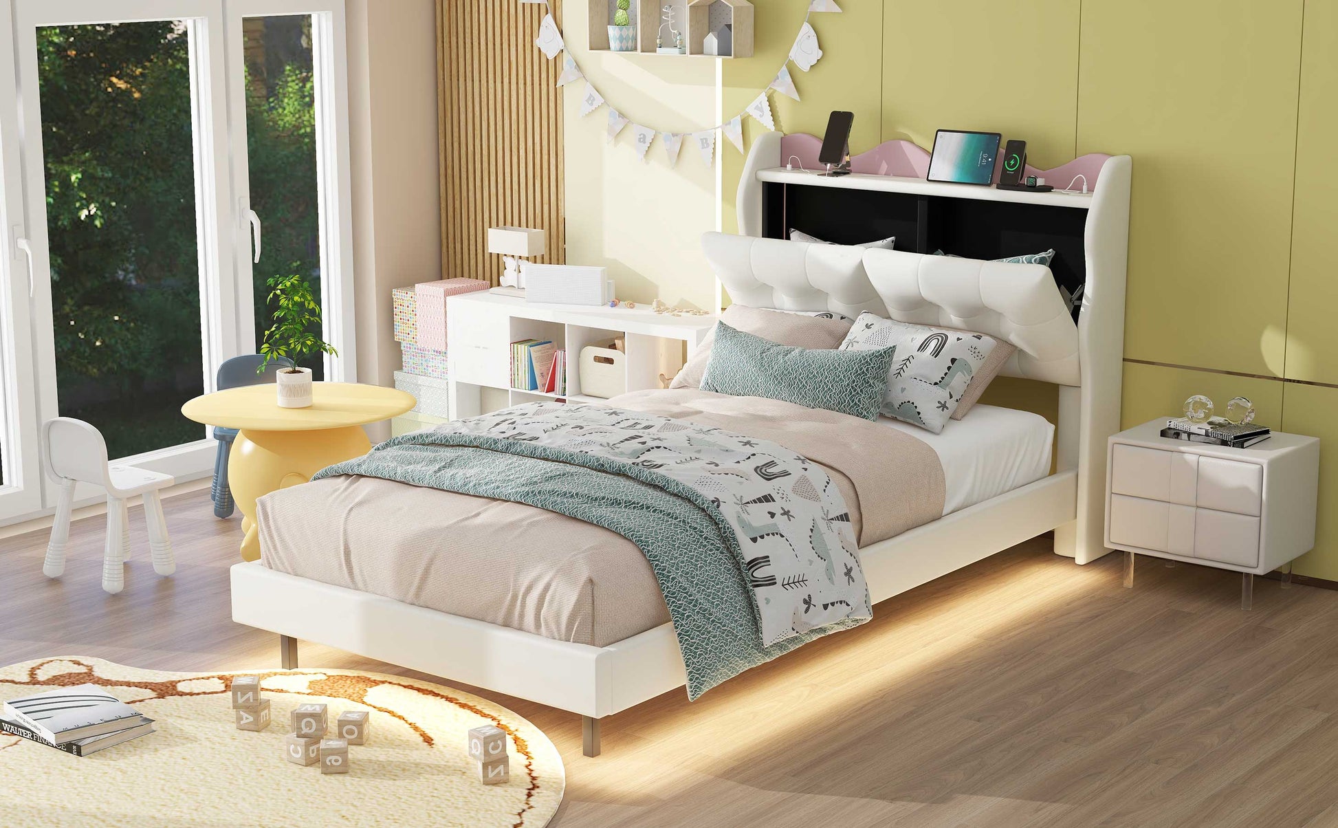 Twin Size Upholstery Platform Bed Frame With Led Light Strips,Headboard Storage Space And Two Usb Charging Deisgn,Beige Old Sku:Wf315762Aaa Box Spring Not Required Twin Beige Upholstered