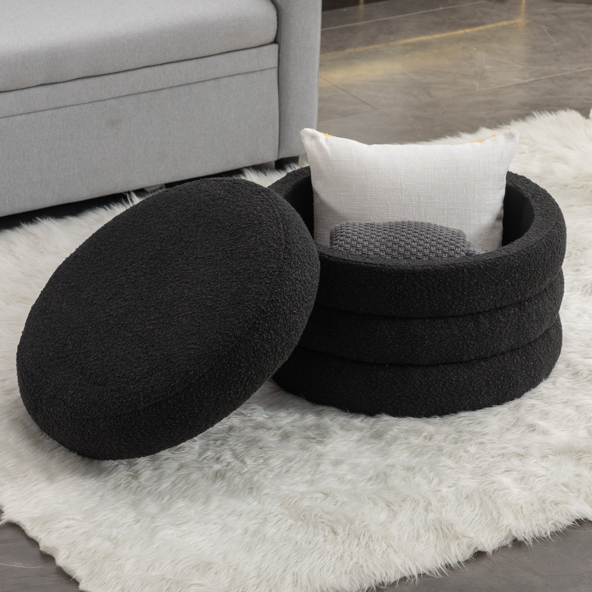 007 Boucle Fabric Storage Round Ottoman Footstool With Wooden Shelving,Black White Wood Primary Living Space Black Solid Eucalyptus Wood With Storage Black Backless Soft Modern Flip Top Round Armless Foam Boucle