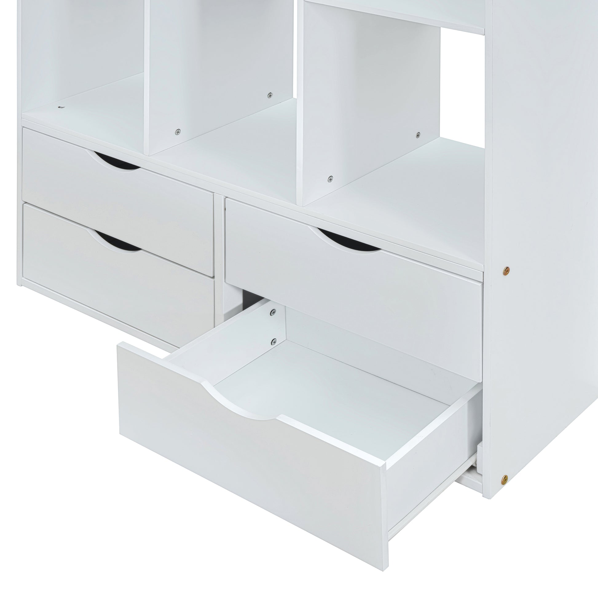 Full Size Loft Bed With Large Shelves, Writing Desk And Led Light, White White Solid Wood Mdf