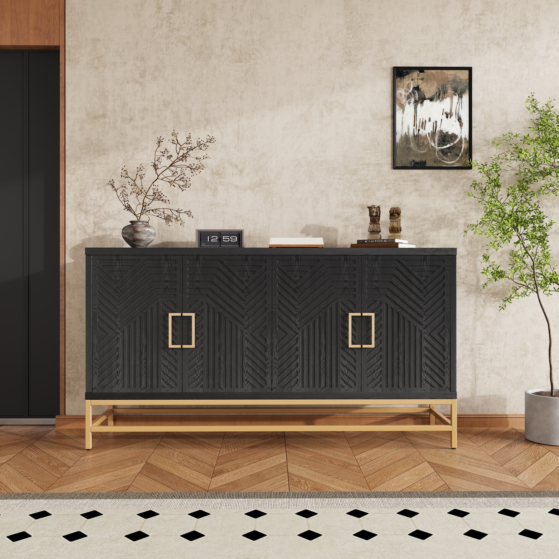 Retro Style Sideboard With Adjustable Shelves, Rectangular Metal Handles And Legs For Kitchen, Living Room, And Dining Room Black Black Mdf