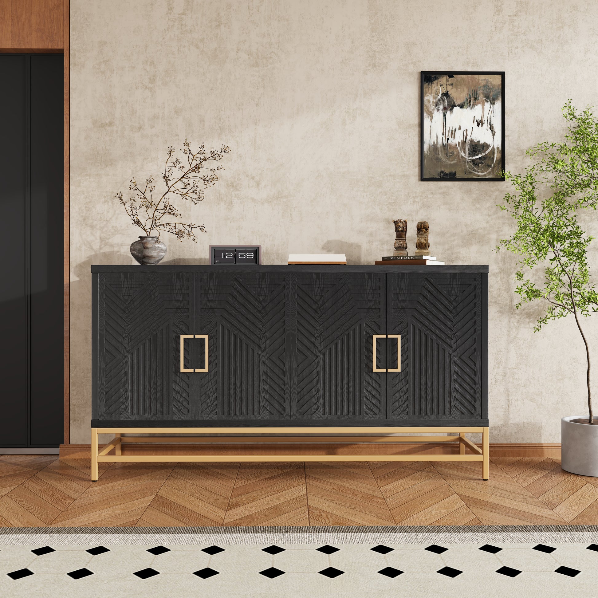 Sideboard Buffet Cabinet With Storage, Sideboard Cabinet With Adjustable Shelves, Rectangular Metal Handles And Legs For Kitchen, Living Room, And Dining Room, Black Black Mdf