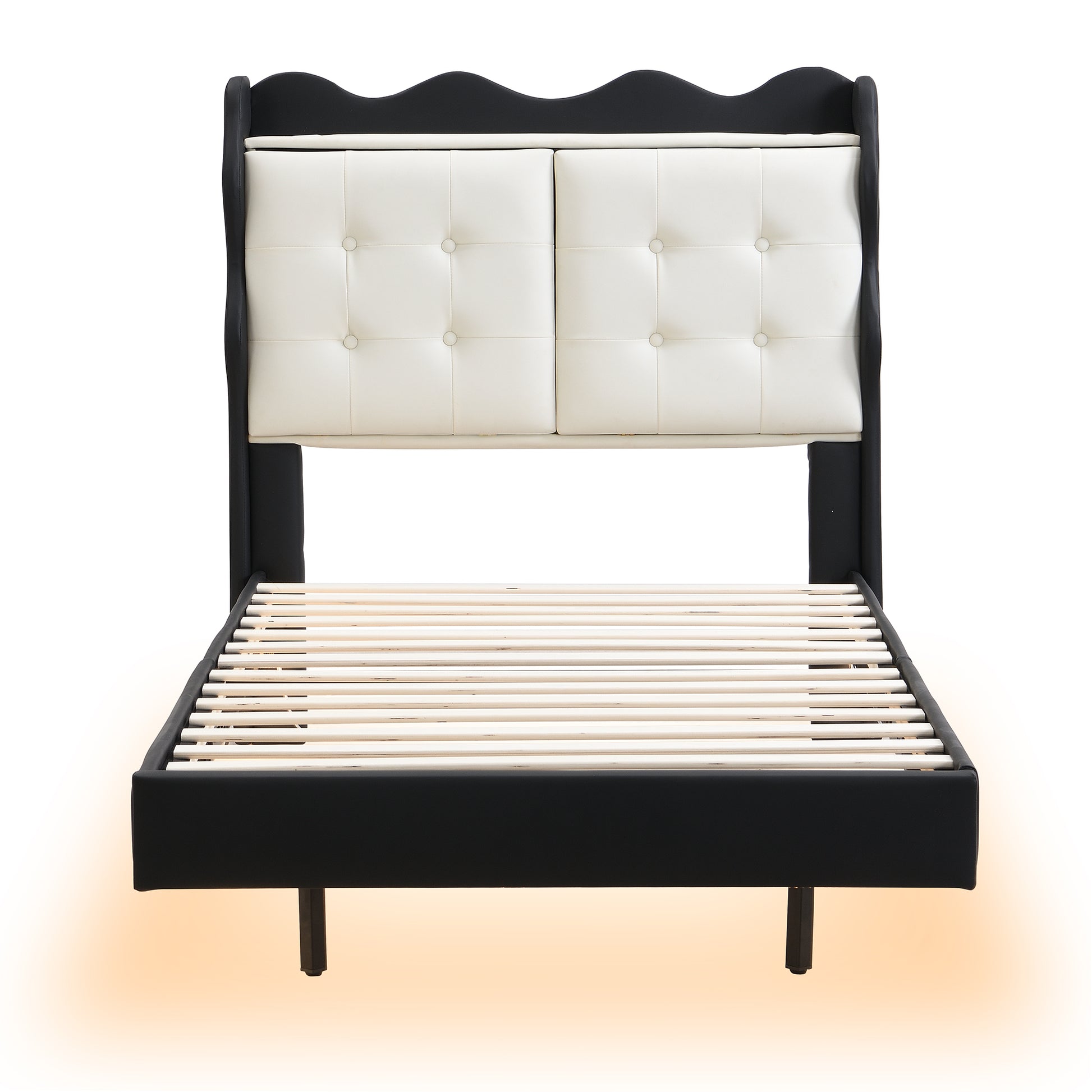 Twin Size Upholstery Platform Bed Frame With Led Light Strips,Headboard Storage Space And Two Usb Charging Deisgn,Black Black Upholstered