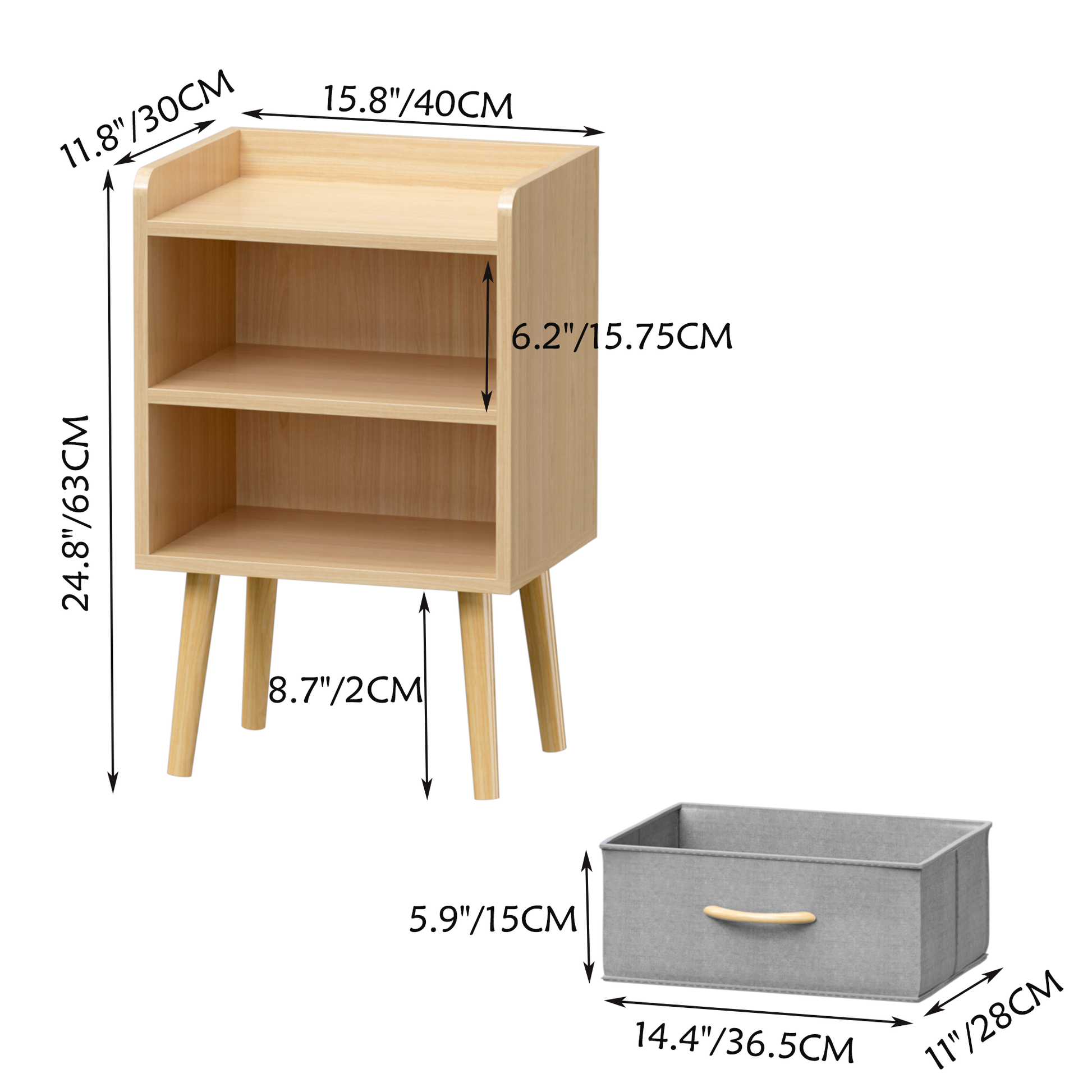 Nightstand With Collapsible Fabric Drawer, 2 Tier Storage End Table, Wood Side Table With Storage Cabinet Or Kids, Adults Oak Oak Engineered Wood