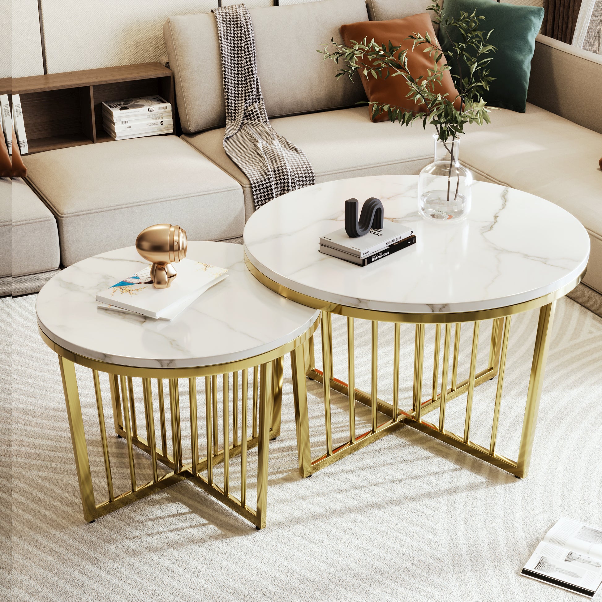 Modern Round Nesting Coffee Table Set 2 Piece White & Marbling Top Gold Base White Mdf
