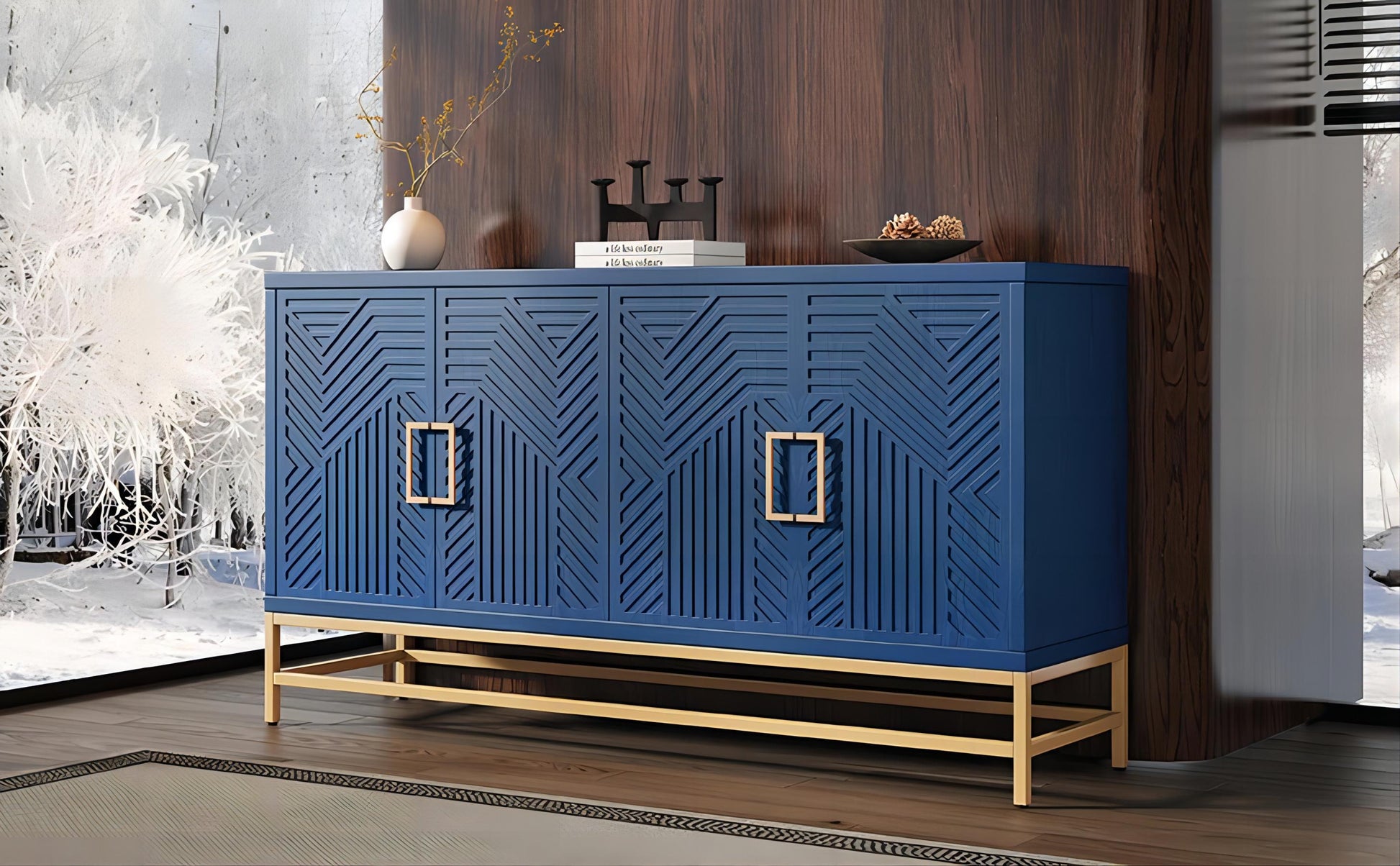Retro Style Sideboard With Adjustable Shelves, Rectangular Metal Handles And Legs For Kitchen, Living Room, And Dining Room Navy Navy Mdf