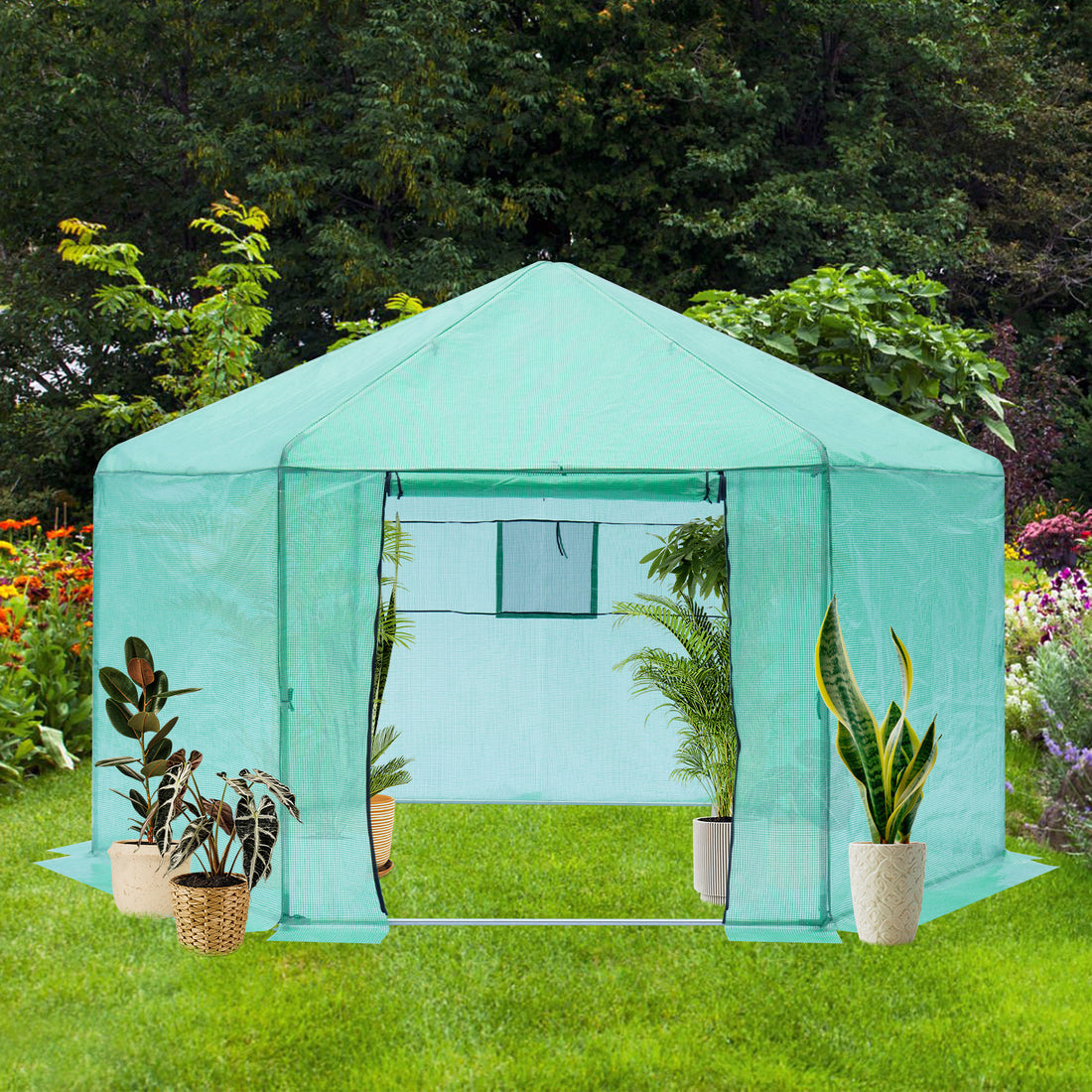 Walk In Greenhouse Hexagonal Upgrade Reinforced Frame Heavy Duty Plastic Greenhouse Reinforced Thickened Waterproof Insulation 13.1*8.6 Ft Green Garden & Outdoor Metal