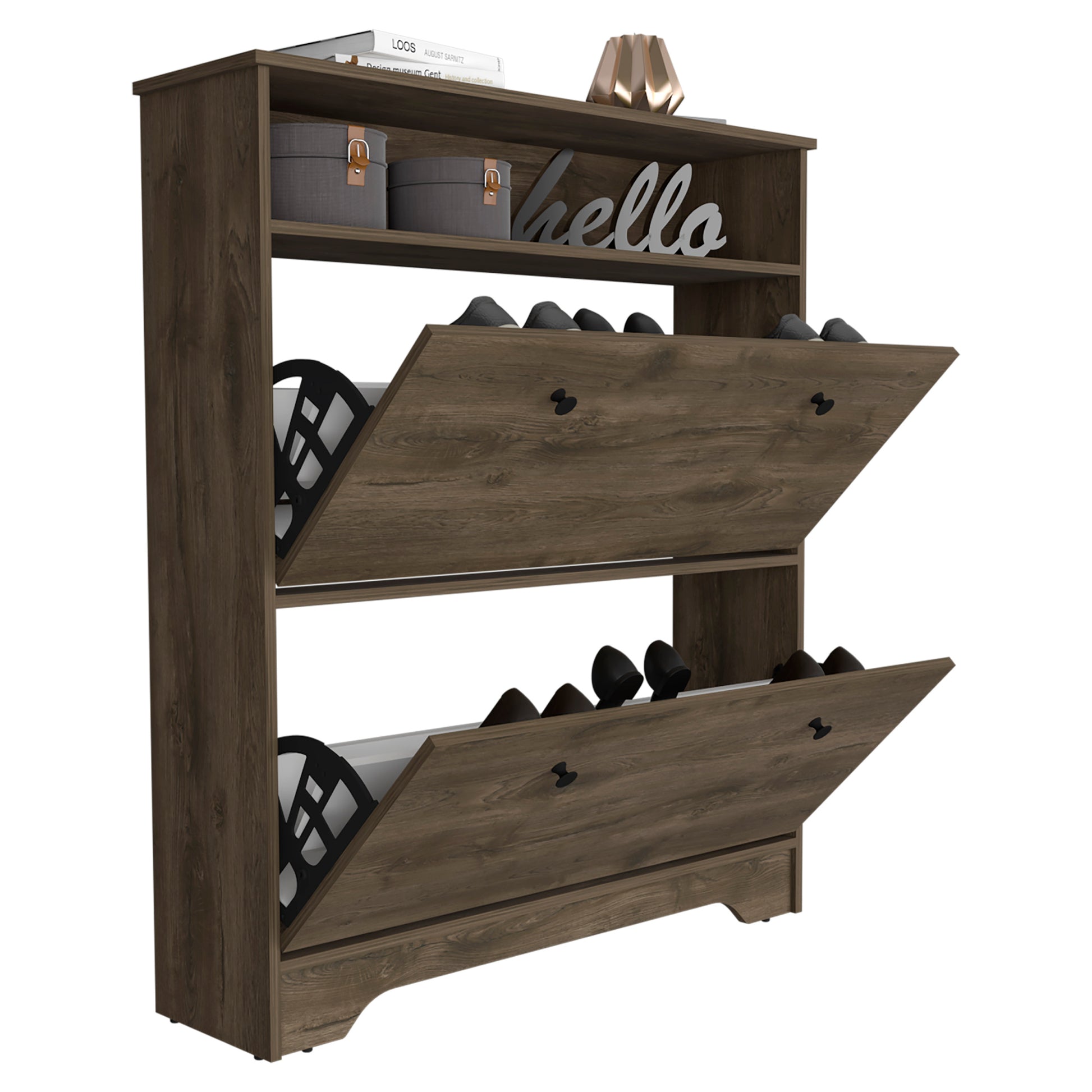 Shoe Rack 46" H, One Open Storage Shelf, Two Internal Storage Drawers, Two Doors, Dark Brown Brown Particle Board Particle Board