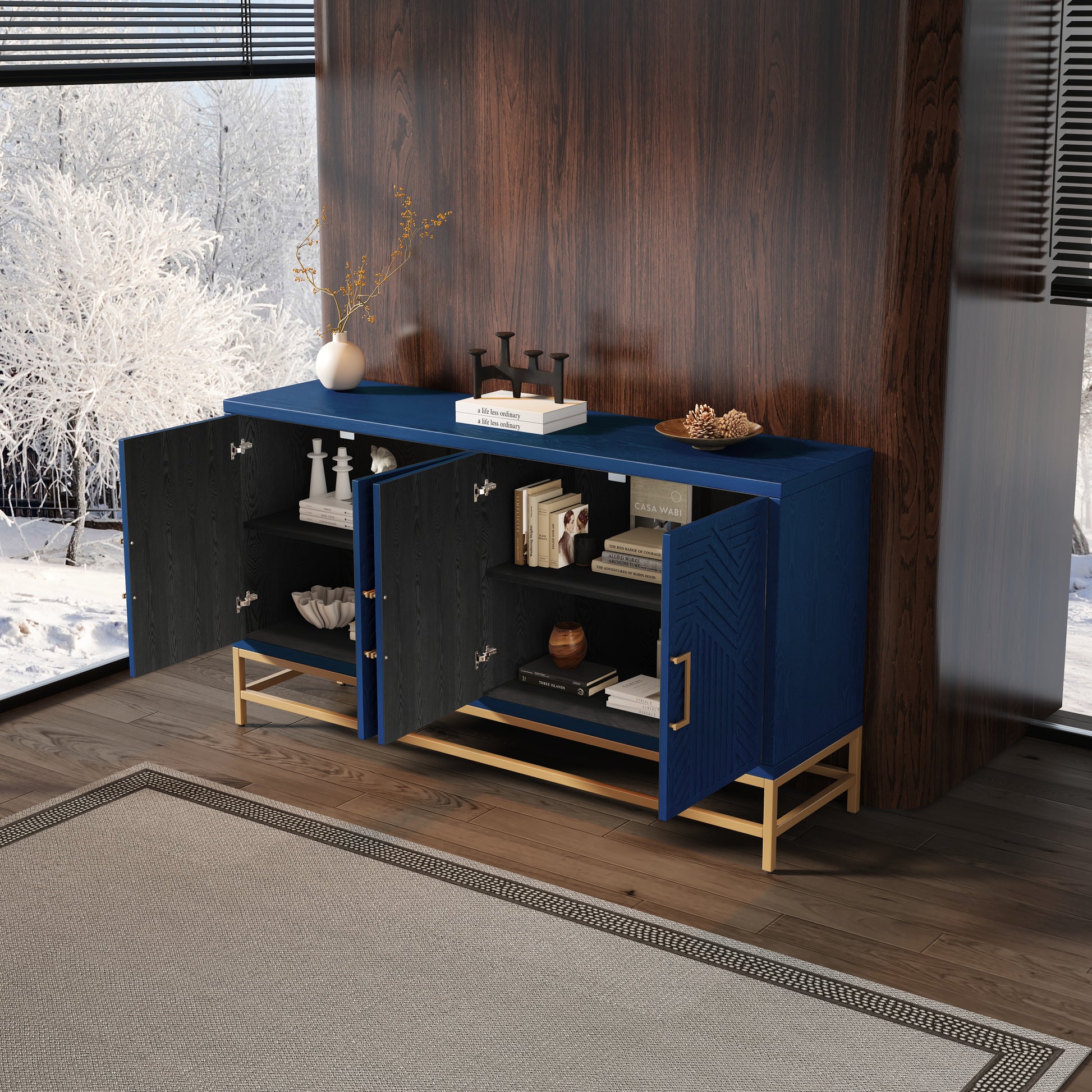 Retro Style Sideboard With Adjustable Shelves, Rectangular Metal Handles And Legs For Kitchen, Living Room, And Dining Room Navy Navy Mdf