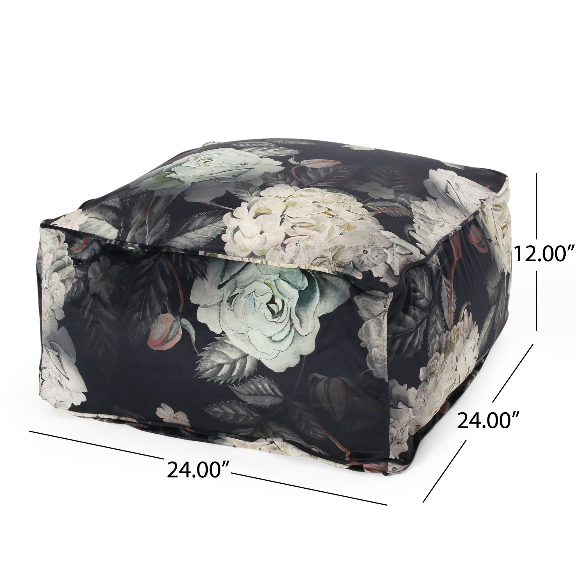 Hazel Large Square Pouf, Flower Print On Black Black Flower Velvet