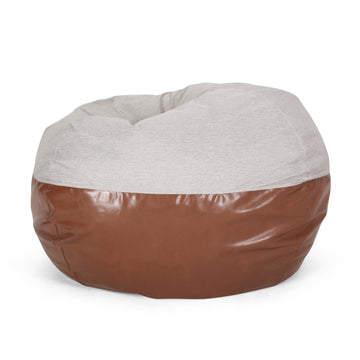 Maxi 5 Foot Two Color Fabric And Faux Leather Rounded Bean Bag, Light Grey And Coffee Brown Light Grey Brown Faux Leather