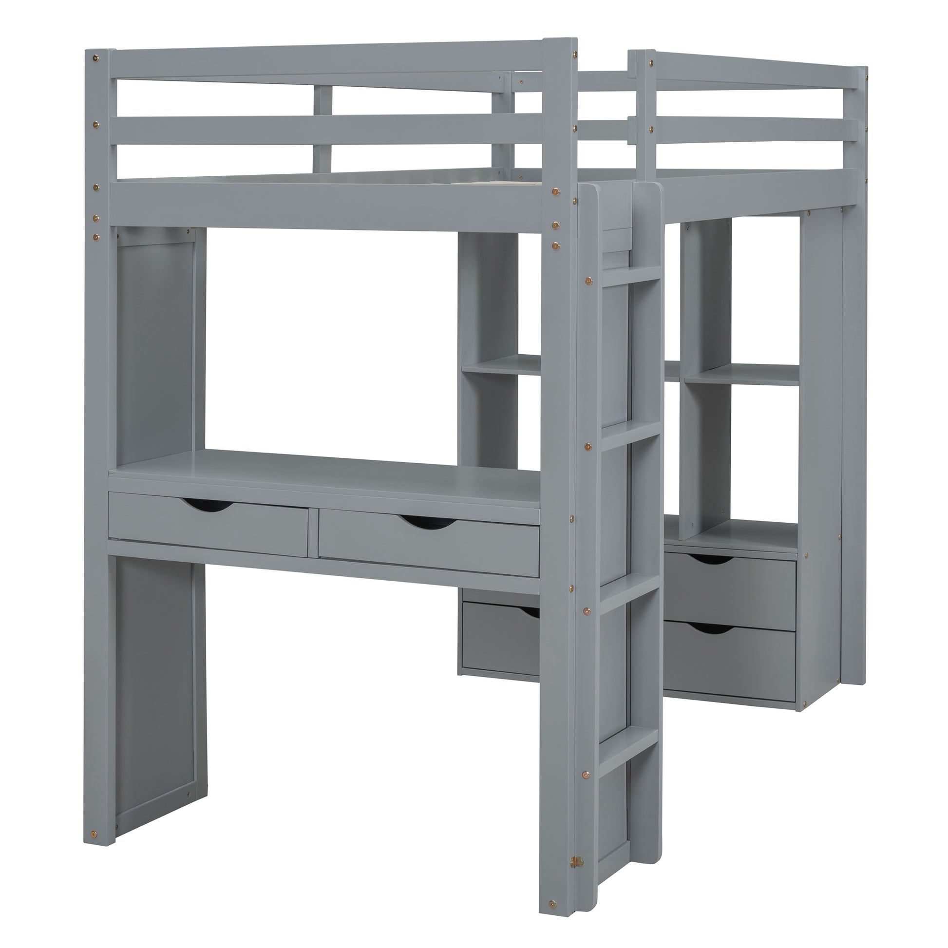 Full Size Loft Bed With Large Shelves, Writing Desk And Led Light, Gray Gray Solid Wood Mdf