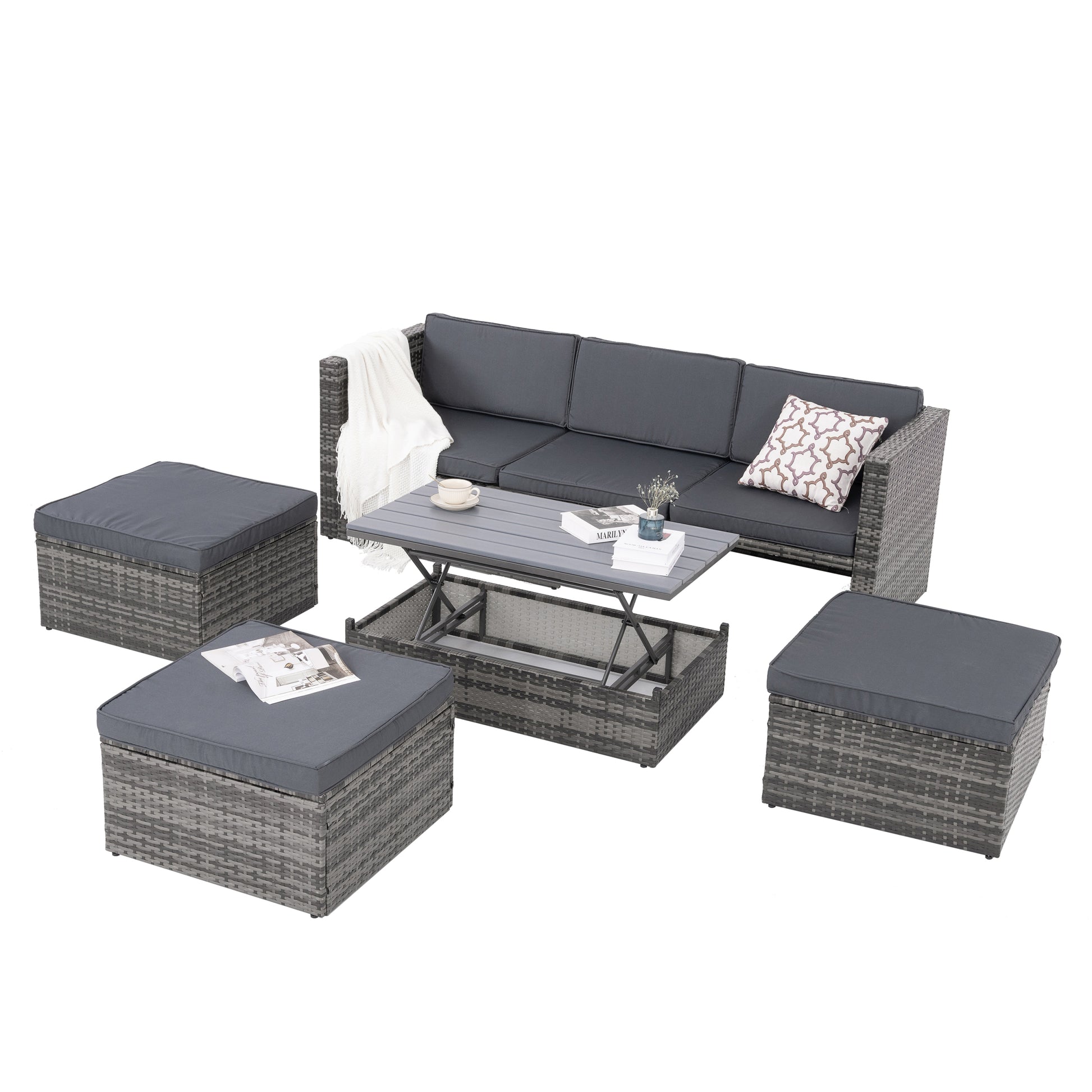 Patio Furniture, Outdoor Furniture, Seasonal Pe Wicker Furniture,5 Set Wicker Furniture With Plywood Coffee Table,With Lift Top Coffee Table,With Lounger Sofa Dark Gray Pe Rattan Iron Waterproof Fabric