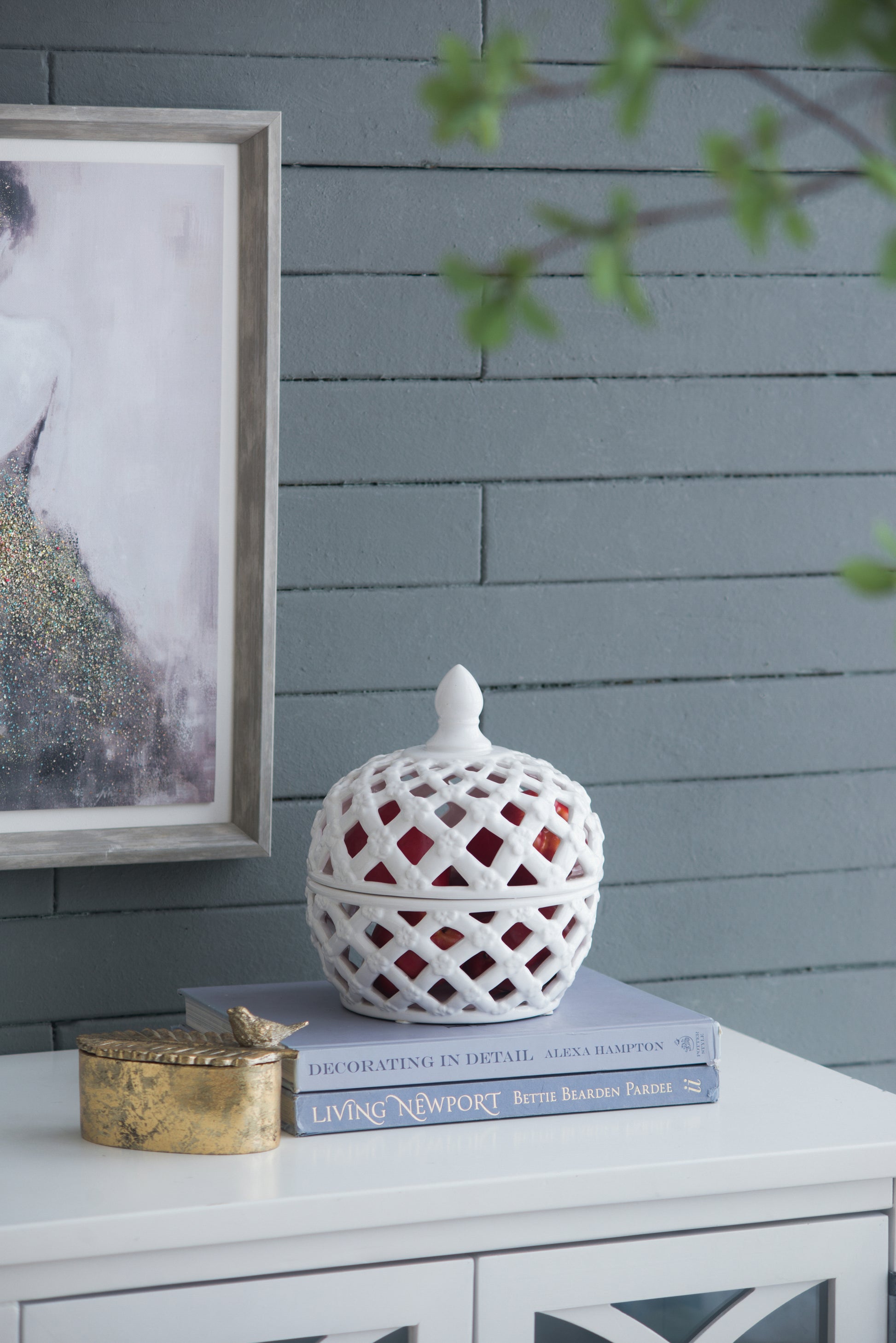 D8X9.5" White Ceramic Lidded Jar With Lattice Design White Ceramic