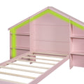 Wood Twin Size Platform Bed With House Shaped Storage Headboard And Built In Led, Pink Box Spring Not Required Twin Pink Bedroom Bed Frame Solid Wood Mdf