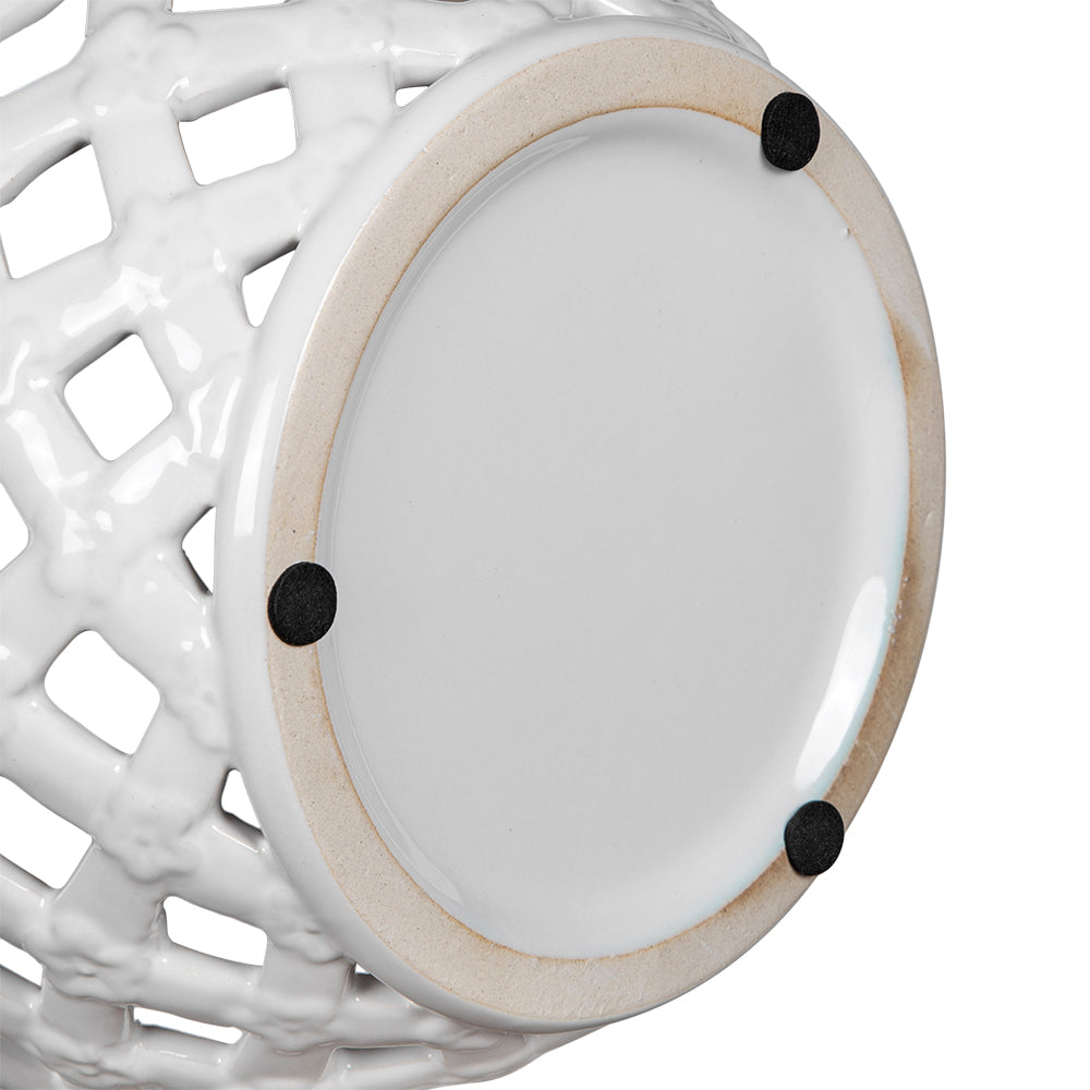 D8X9.5" White Ceramic Lidded Jar With Lattice Design White Ceramic