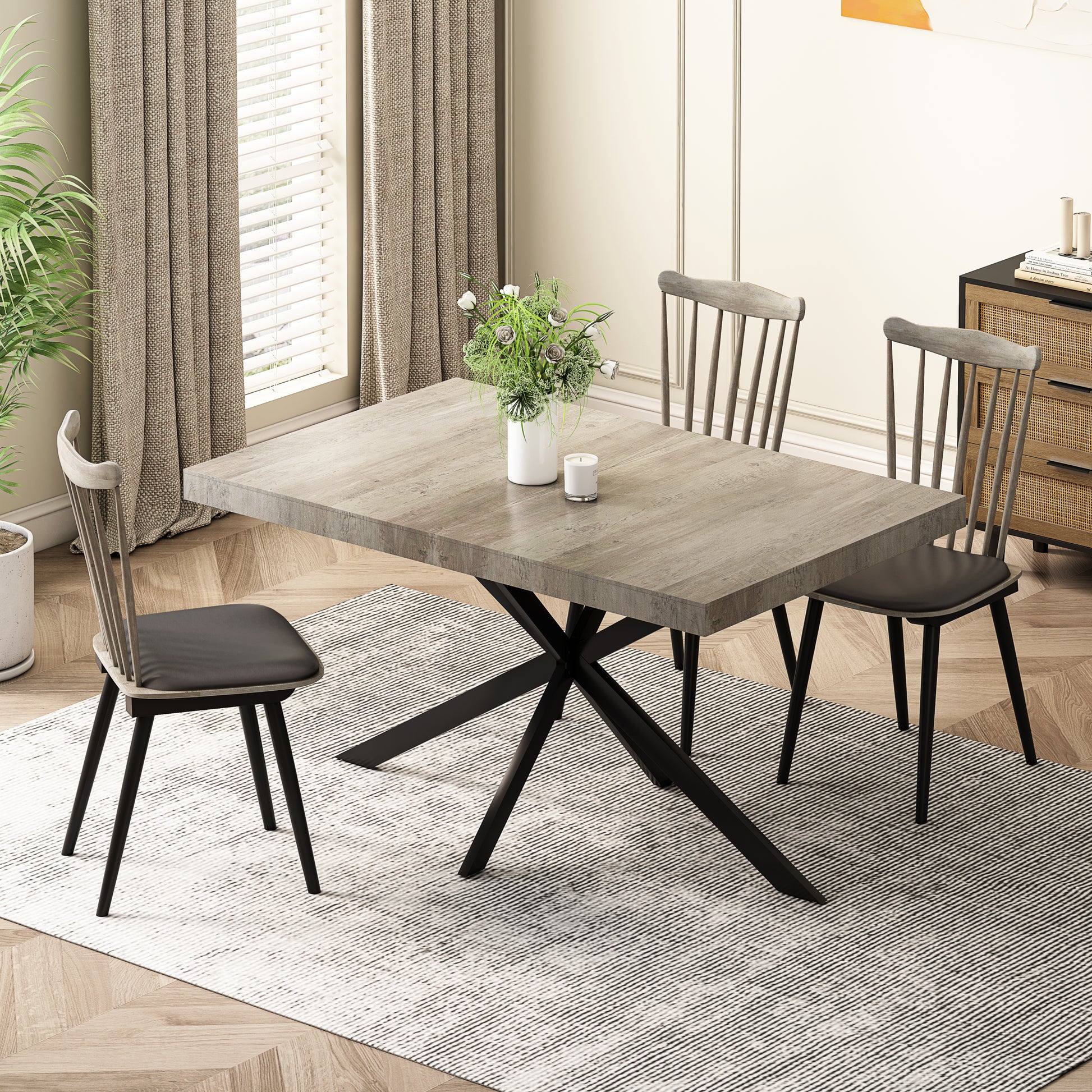 55.11'' 70.86"Retro Rectangular Stretch Dining Table, Grey Carole Top With Black Embossed Center Plate, Black Fine Sand Cross Iron Foot Base Dining Table, With Storage Box. Grey Seats 6 Rectangular Mdf Metal