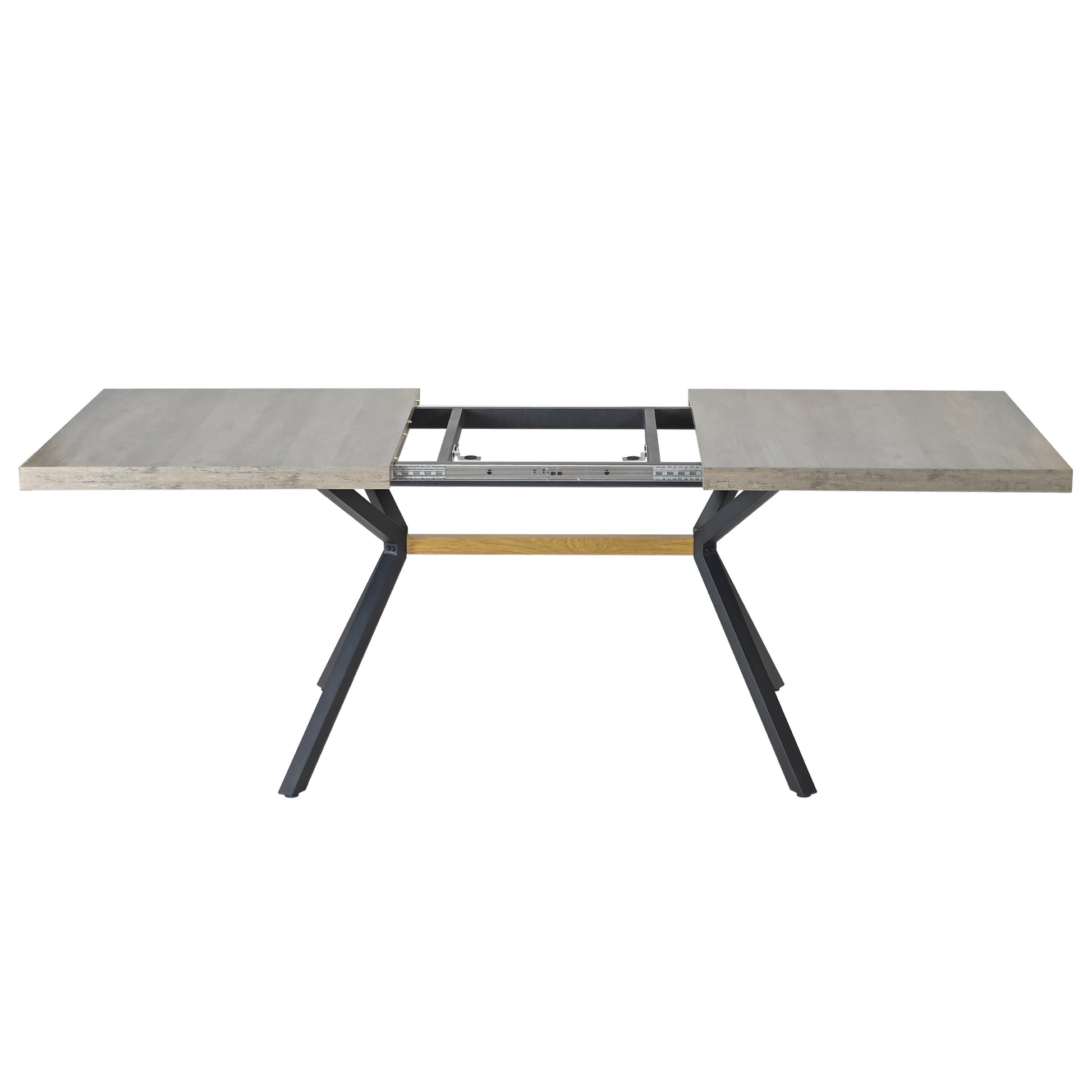 62.99" 78.74"Retro Rectangular Stretch Table, Grey Carole Top, Black Embossed Center Plate, Walnut Color Beam, Black Fine Sand Iron Foot Base Dining Table Grey Seats 6 Rectangular Mdf Metal