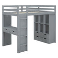 Full Size Loft Bed With Large Shelves, Writing Desk And Led Light, Gray Gray Solid Wood Mdf