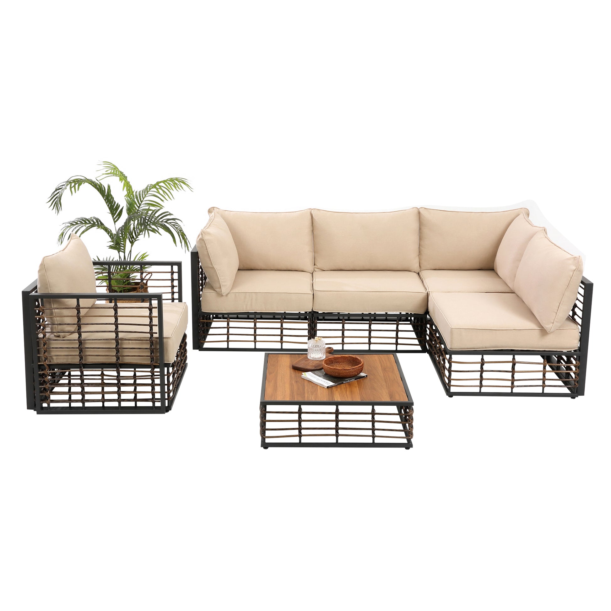 Grand Patio 6 Piece Wicker Patio Furniture Set, All Weather Outdoor Conversation Set Sectional Sofa With Water Resistant Beige Thick Cushions And Coffee Table Beige Cotton Steel