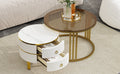 27.5'' & 19.6'' Stackable Coffee Table With 2 Drawers, Nesting Tables With Brown Tempered Glass And High Gloss Marble Tabletop, Set Of 2, Round Center Table For Living Room, White Golden White Primary Living Space Drawers Round Mdf Iron