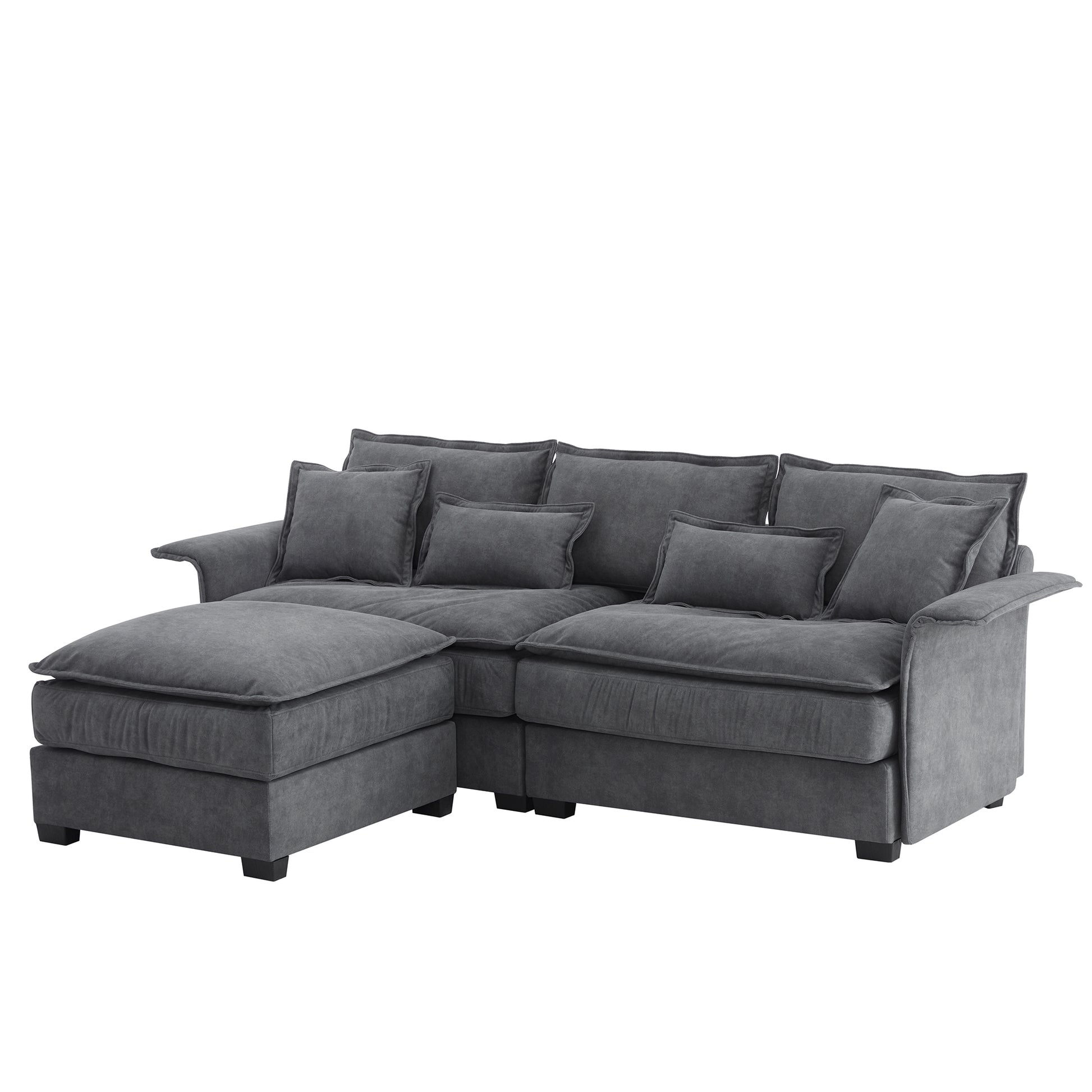 95*66"Oversized Luxury Sectional Sofa With Bentwood Armrests,4 Seat Upholstered Indoor Furniture With Double Cushions,L Shape Couch With Ottoman For Living Room,Apartment,3 Colors Dark Grey Fabric 4 Seat