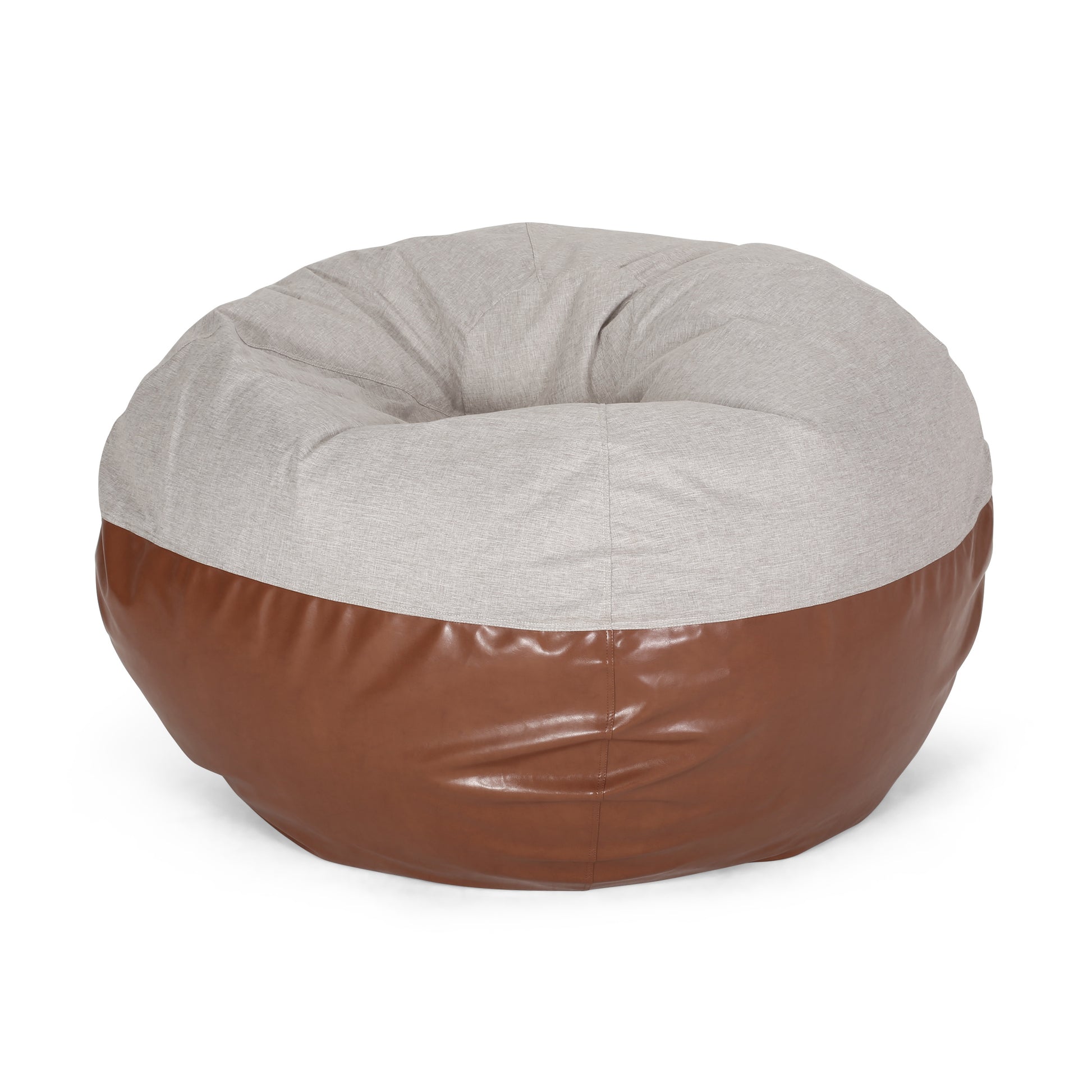 Maxi 5 Foot Two Color Fabric And Faux Leather Rounded Bean Bag, Light Grey And Coffee Brown Light Grey Brown Faux Leather