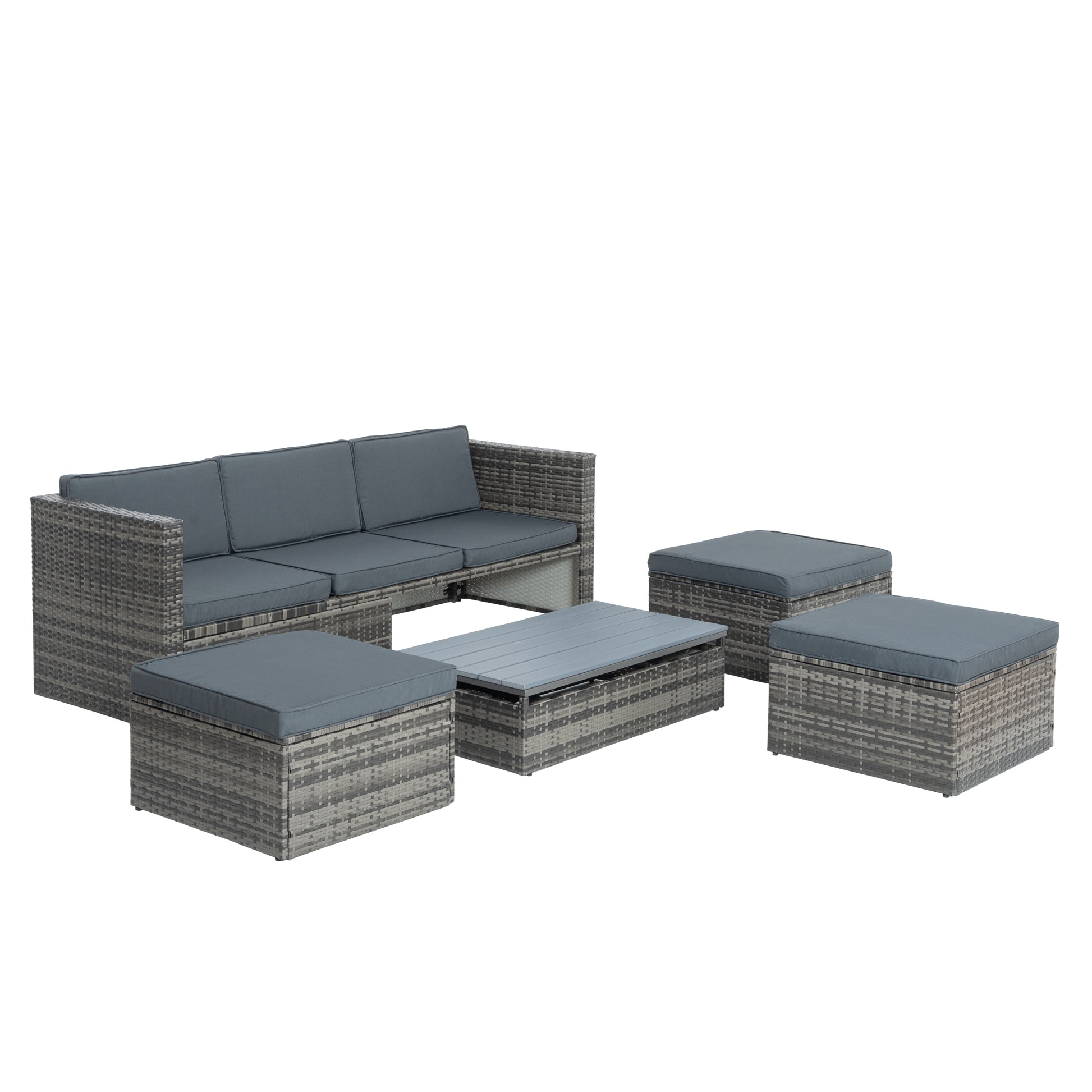 Patio Furniture, Outdoor Furniture, Seasonal Pe Wicker Furniture,5 Set Wicker Furniture With Plywood Coffee Table,With Lift Top Coffee Table,With Lounger Sofa Dark Gray Pe Rattan Iron Waterproof Fabric