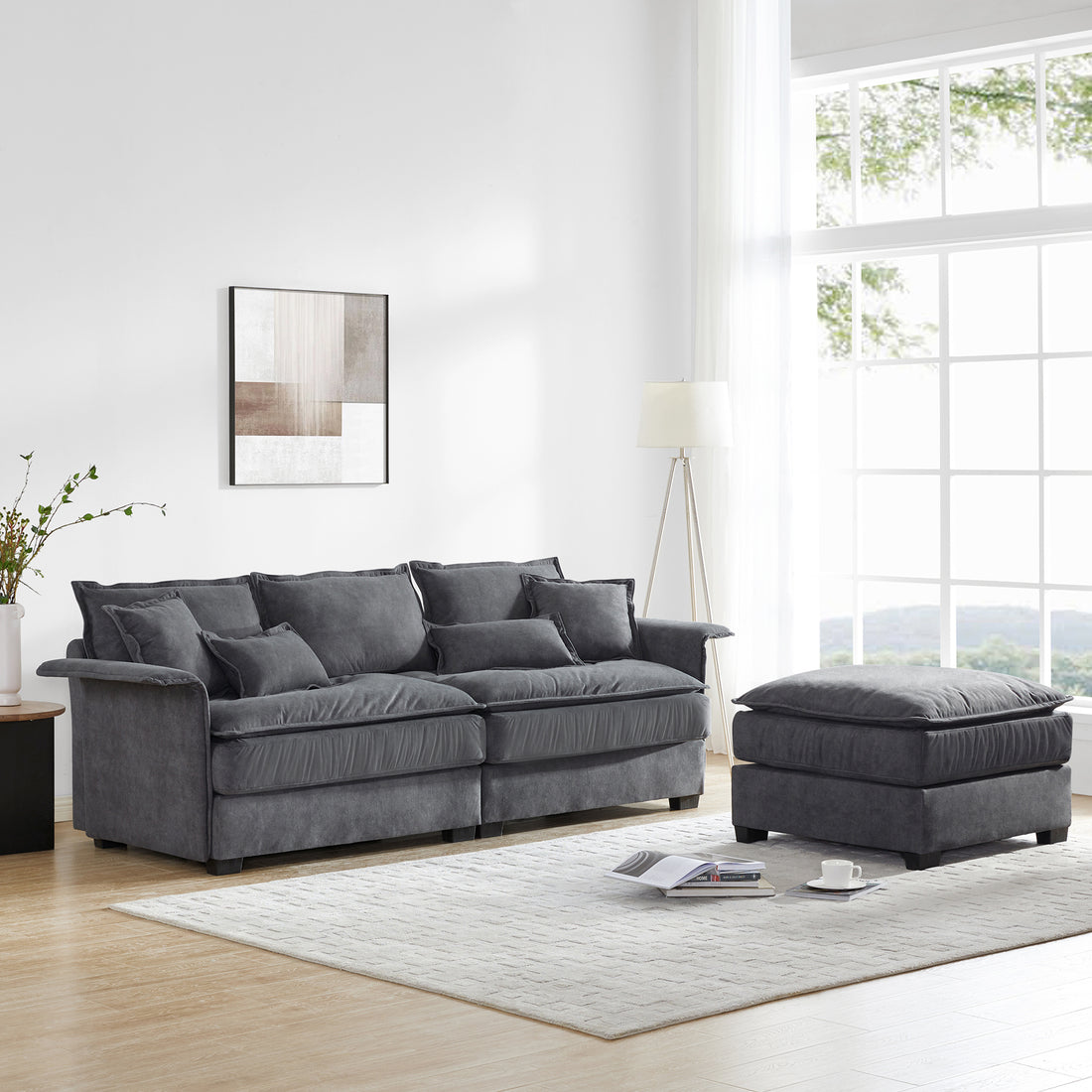 95*66"Oversized Luxury Sectional Sofa With Bentwood Armrests,4 Seat Upholstered Indoor Furniture With Double Cushions,L Shape Couch With Ottoman For Living Room,Apartment,3 Colors Dark Grey Fabric 4 Seat